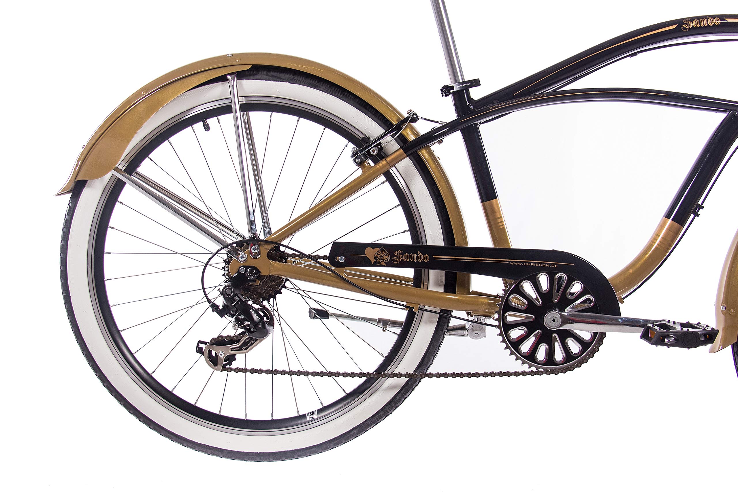 CHRISSON 26 Zoll Beachcruiser Sando schwarz Gold mit 6 Gang Shimano Tourney Kettenschaltung, Damenfahrrad, Herrenfahrrad im Retro Look, Vintage Cruiser Bike