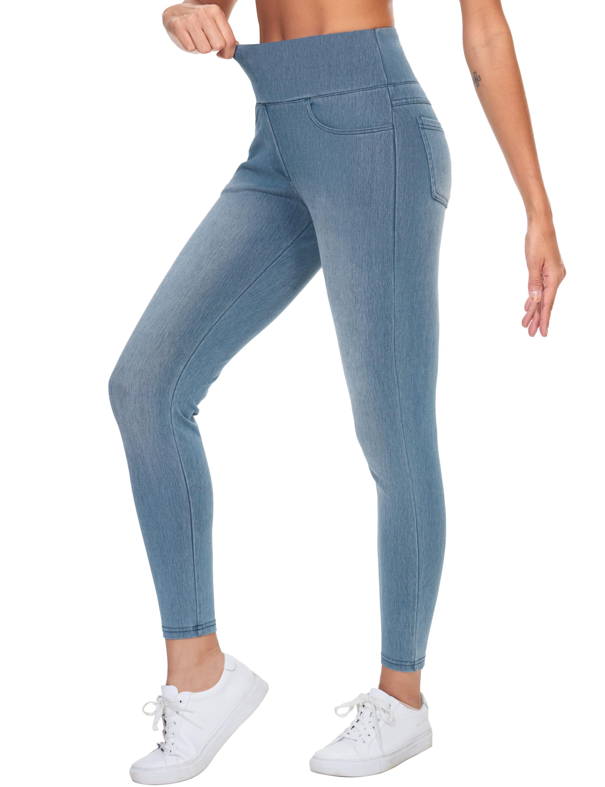 THE GYM PEOPLE Jeggings Damen Stretch High Waist Yogahose Bauchkontrolle Skinny Jeans Leggings mit Taschen/Denim Light Blue-1/S