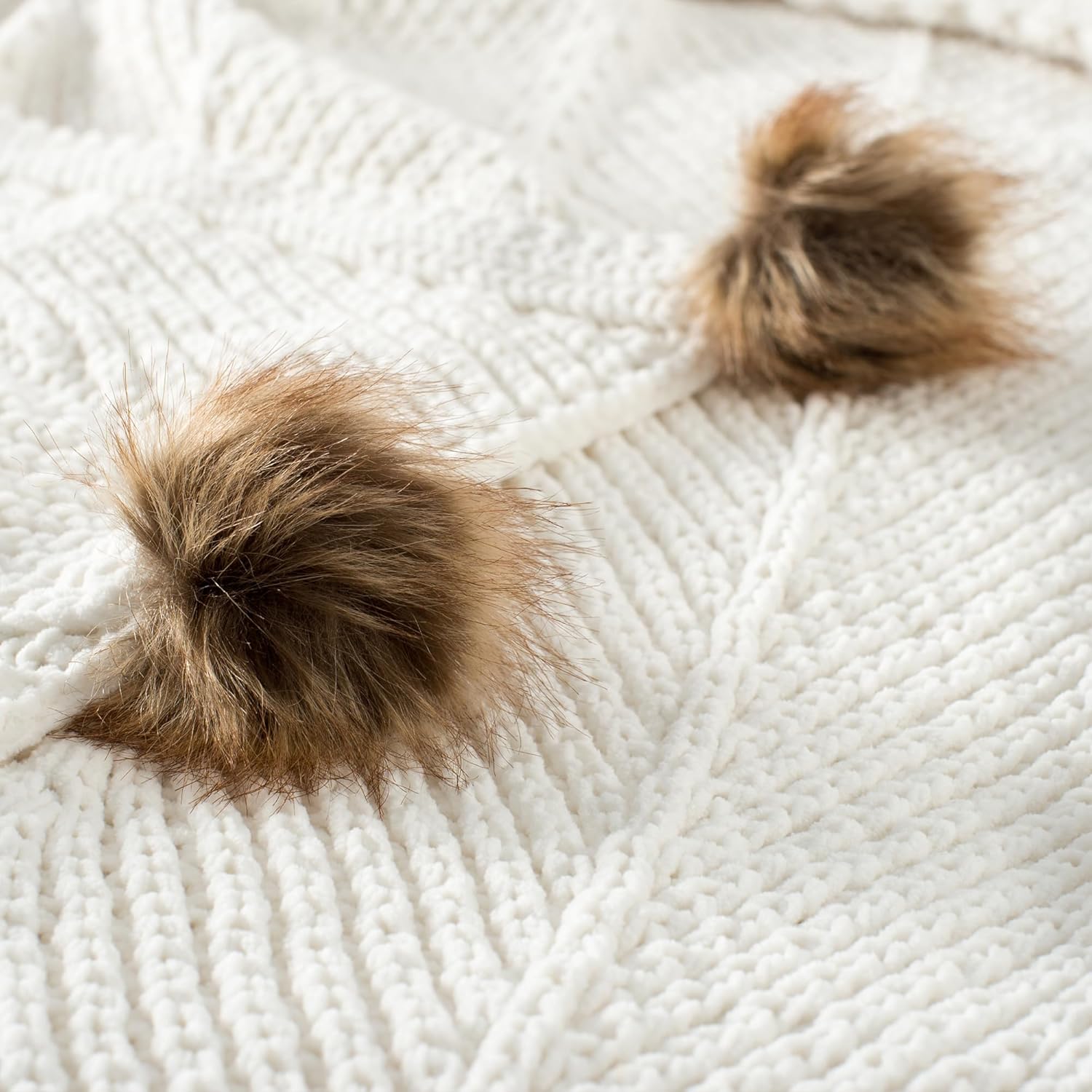 Chenille Knit Pompom Throw Blanket Fluffy Fuzzy Soft Lightweight Cozy Farmhouse Tassels Chunky Knitted Throws for Couch Sofa Bed (White, 50"x60") - Image 5