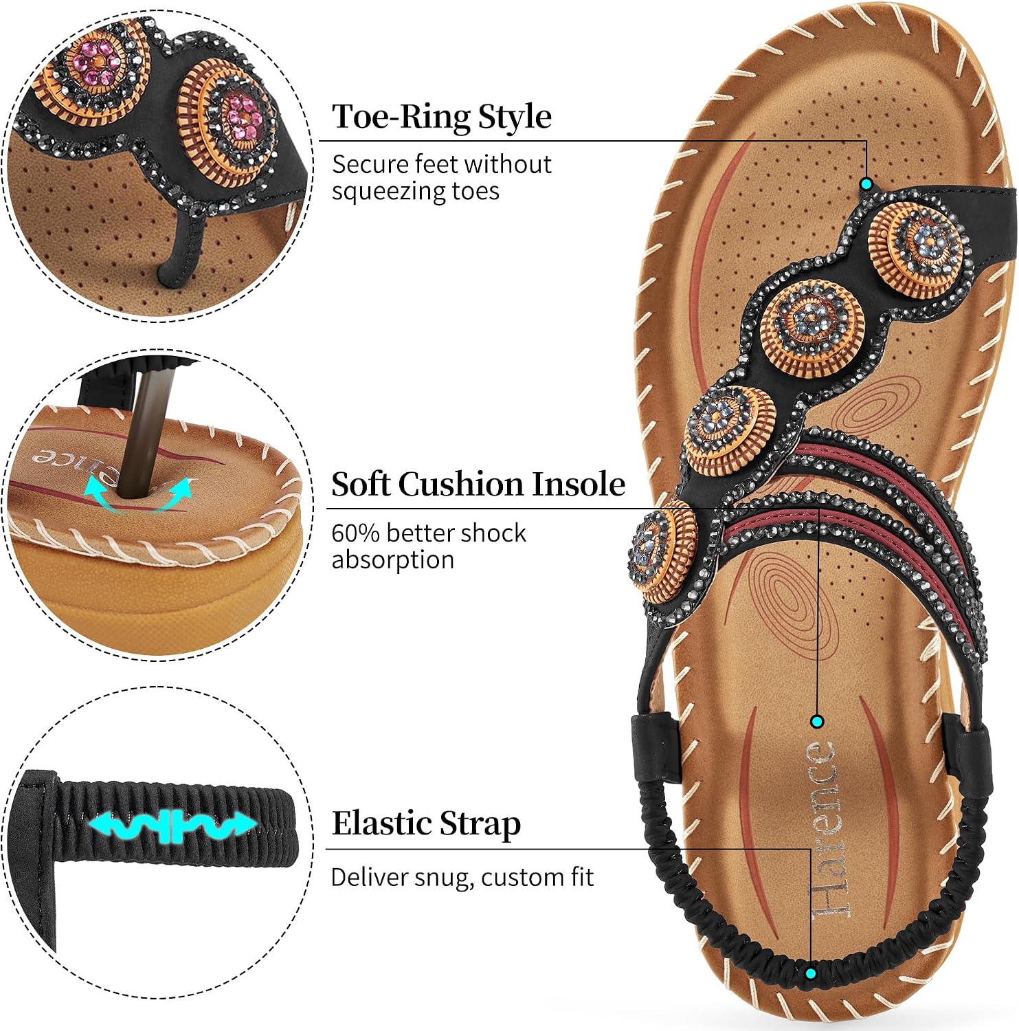 HARENCE Flat Sandals for Women Comfortable: Dressy Summer Bohemian Beaded Toe Ring Shoes - Zero Foot Pain for Casual Walking