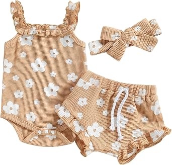 Infant Baby Girl Summer Clothes Outfit Flower Print Fly Sleeve Solid Romper Tops Cute Baby Clothes Girl Outfit Set