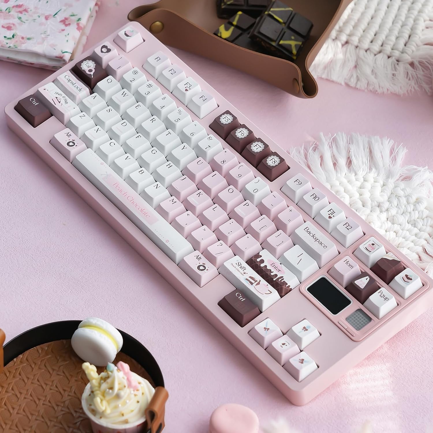 130 Keys Pink Cute Keyboard Keycaps Set, Custom PBT Cherry Profile Keycap, Thick Dye Sub Keycaps Kawaii, White Chocolate Keycap Brown, Kawaii Key Caps for ANSI/ISO Mechanical Keyboard