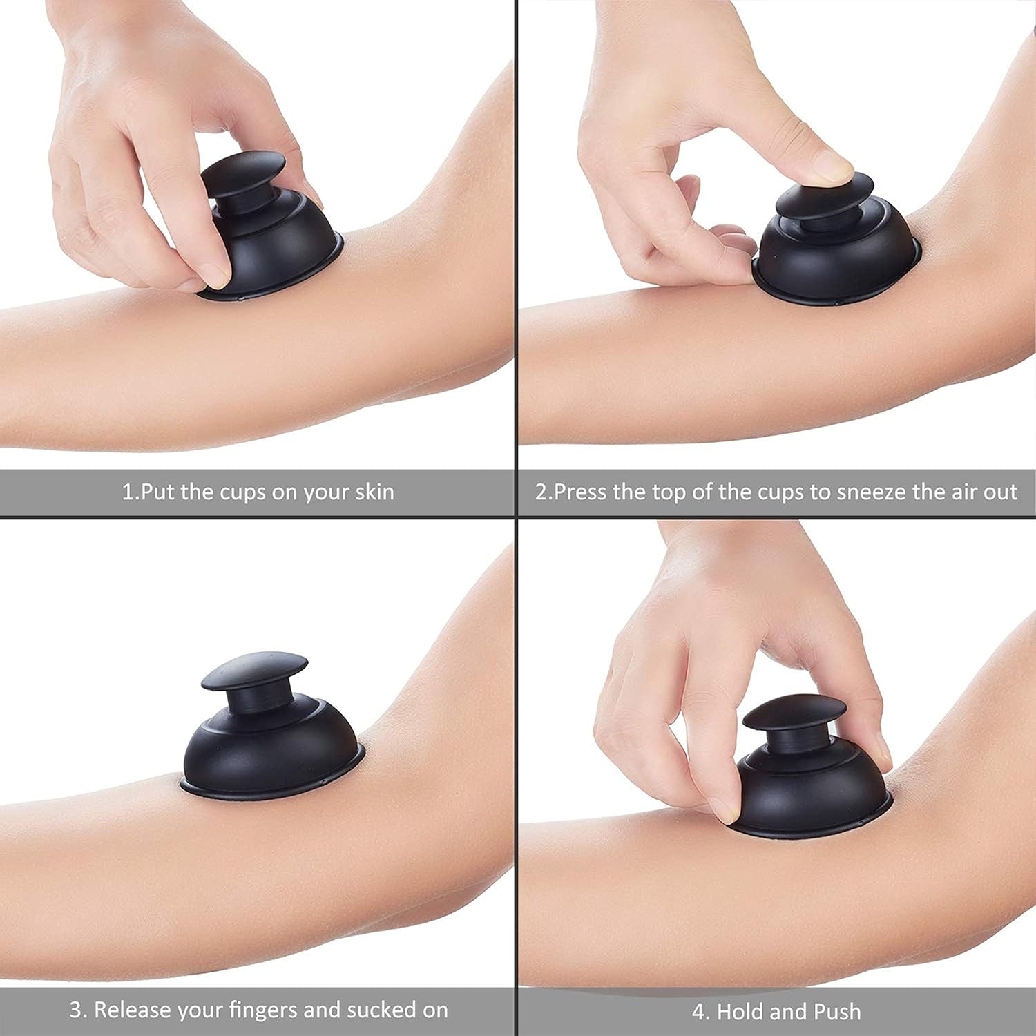 Four-panel image demonstrating the steps to apply a silicone cupping cup: 1. Put the cups on your skin, 2. Press the top to sneeze the air out, 3. Release fingers and sucked on, 4. Hold and Push.