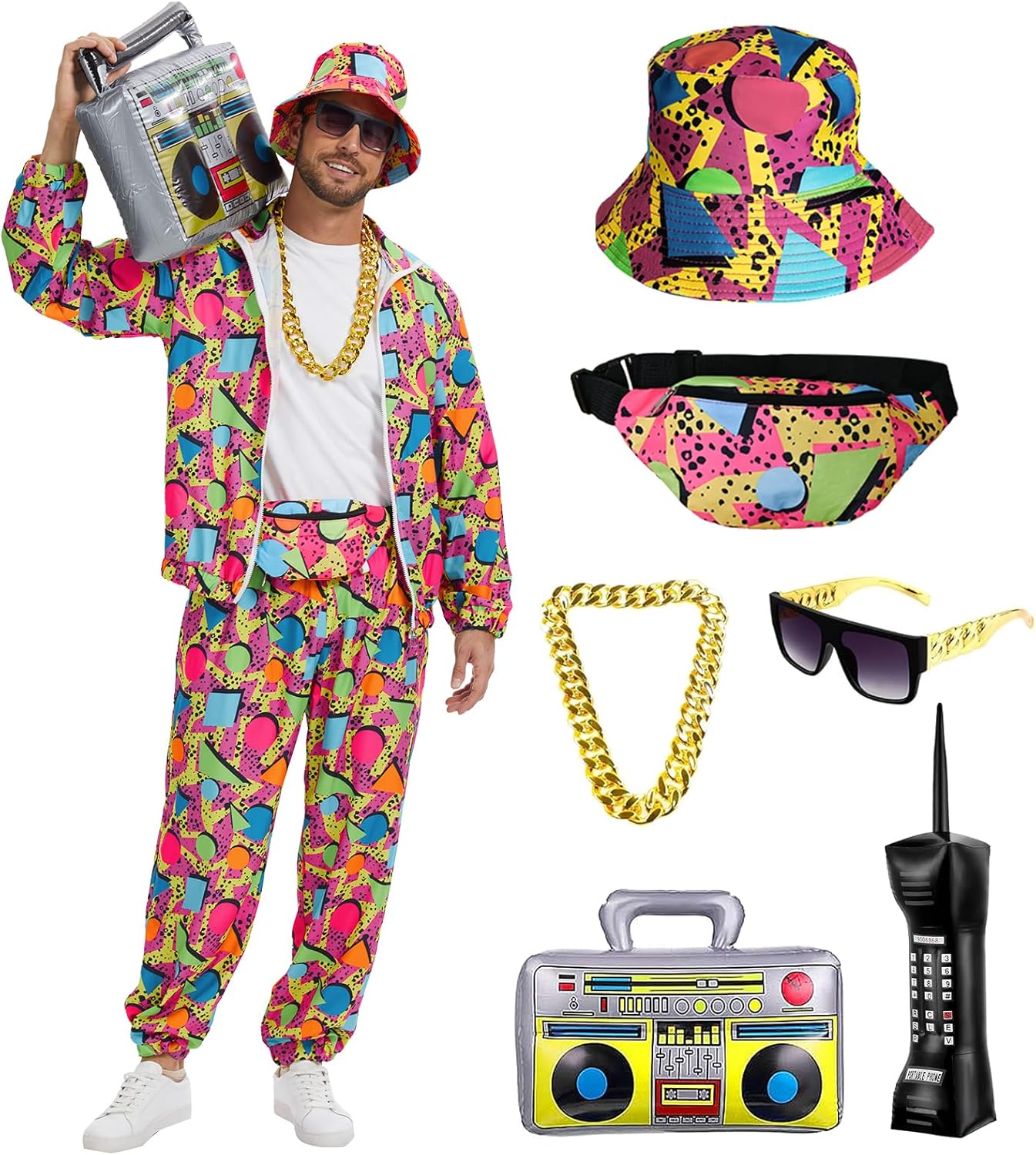 80s 90s Outfit for Men Tracksuit Costume, Hip Hop Outfit Set Vintage Beach Tracksuit for Themed Disco Party Costumes