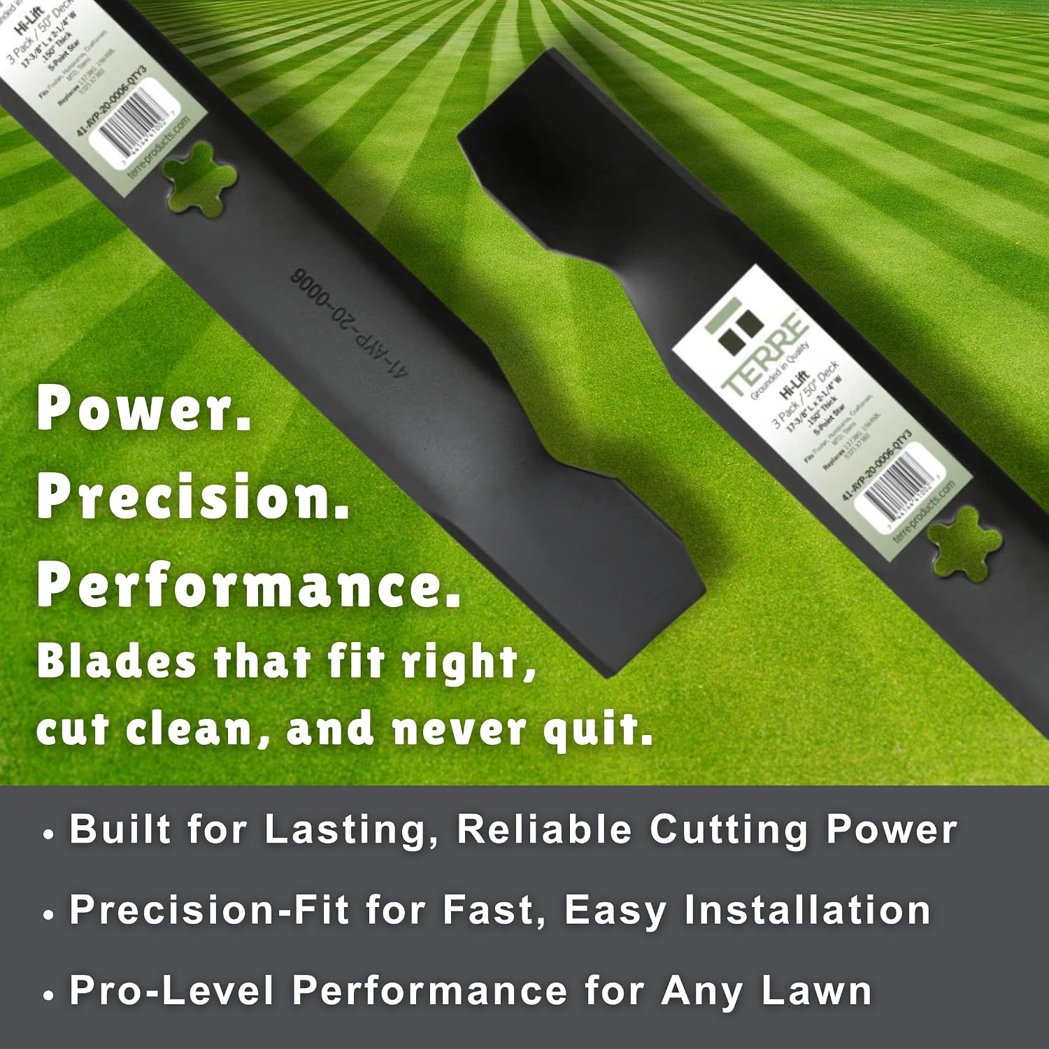 Terre Products, 3 Pack High Lift Lawn Mower Blades, 50 Inch Deck, Compatible with Poulan PP20H50J, PP22H50K, Husqvarna GT 200, GTH 220, GTH 2250, Craftsman, Replacement for 137380, 156468, 532137380