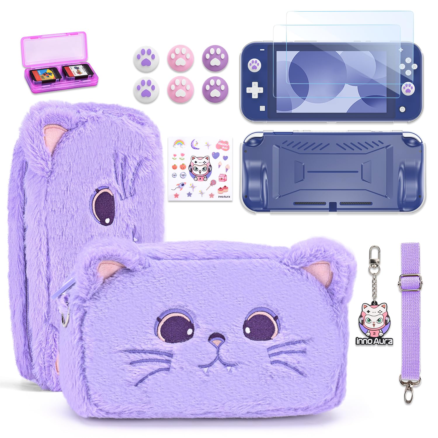 innoAura Switch Lite Case 14-in-1 Accessories Bundle for NS Switch Lite (2019), with Protective Carrying Case, Game Holder, Screen Protector &amp; Cute Thumb Grips, Purple Cat Plush Bag