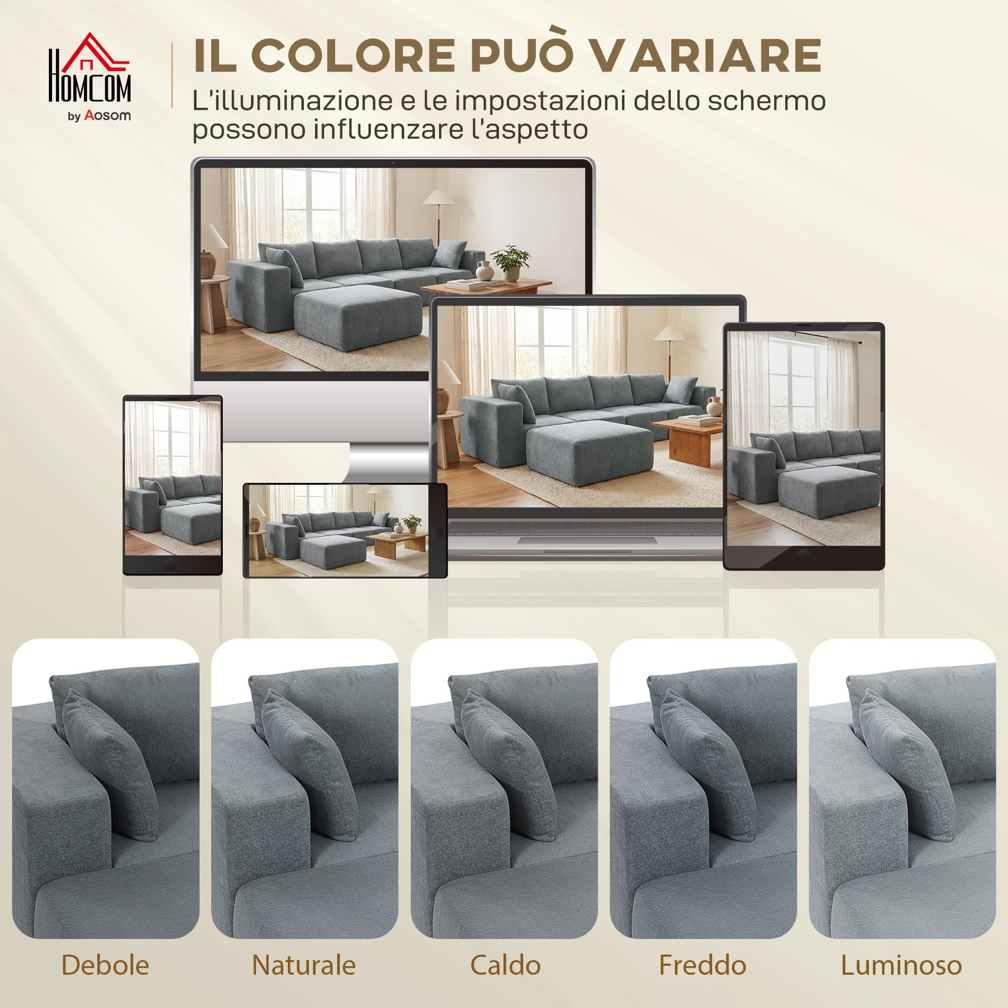 HOMCOM Divano Angolare Modulare 4 Posti Senza Struttura, Seduta Ampia Profonda, Divano Componibile a U con 2 Pouf, Braccioli Larghi e Cuscini, in Velluto per Soggiorno, 294x165x70 cm, Grigio Scuro
