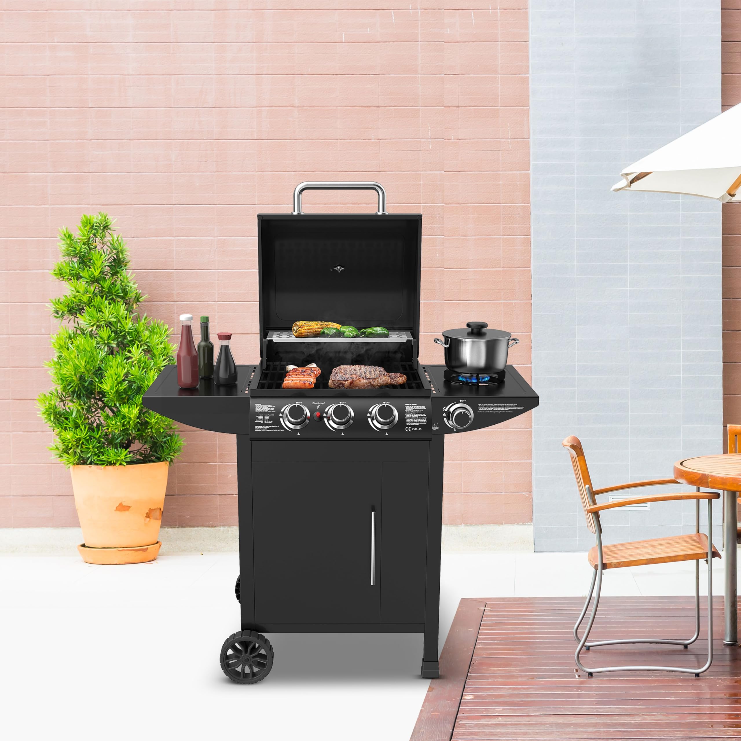 El Fuego® „San Francisco“ Gasgrill | 3+1 Brenner | inkl. Gasschlauch und Druckminderer | Grillrost aus Gusseisen | mit Thermometer | Brenner aus Edelstahl | inkl. Seitenbrenner | AY 5632 (3+1 Brenner)