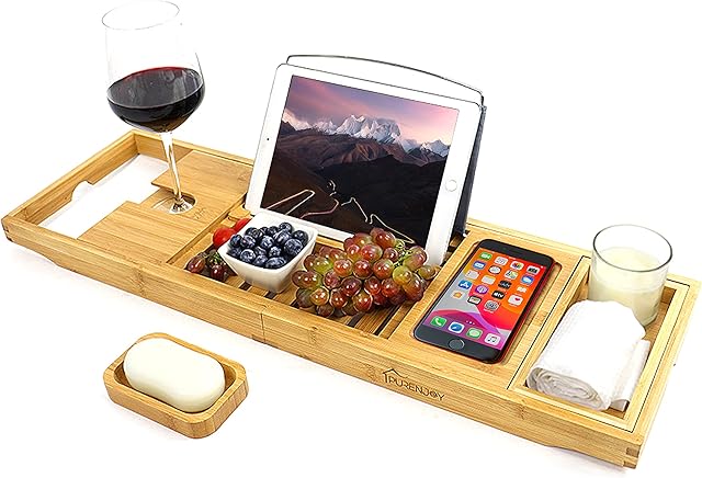 PURENJOY Bamboo Bathtub Tray Caddy ,Bath Caddy, Bath Caddy with Candle, Wine Glass, Book,Tablet,Ipad & phone Holder,Natural Wood over Bathtub Tray