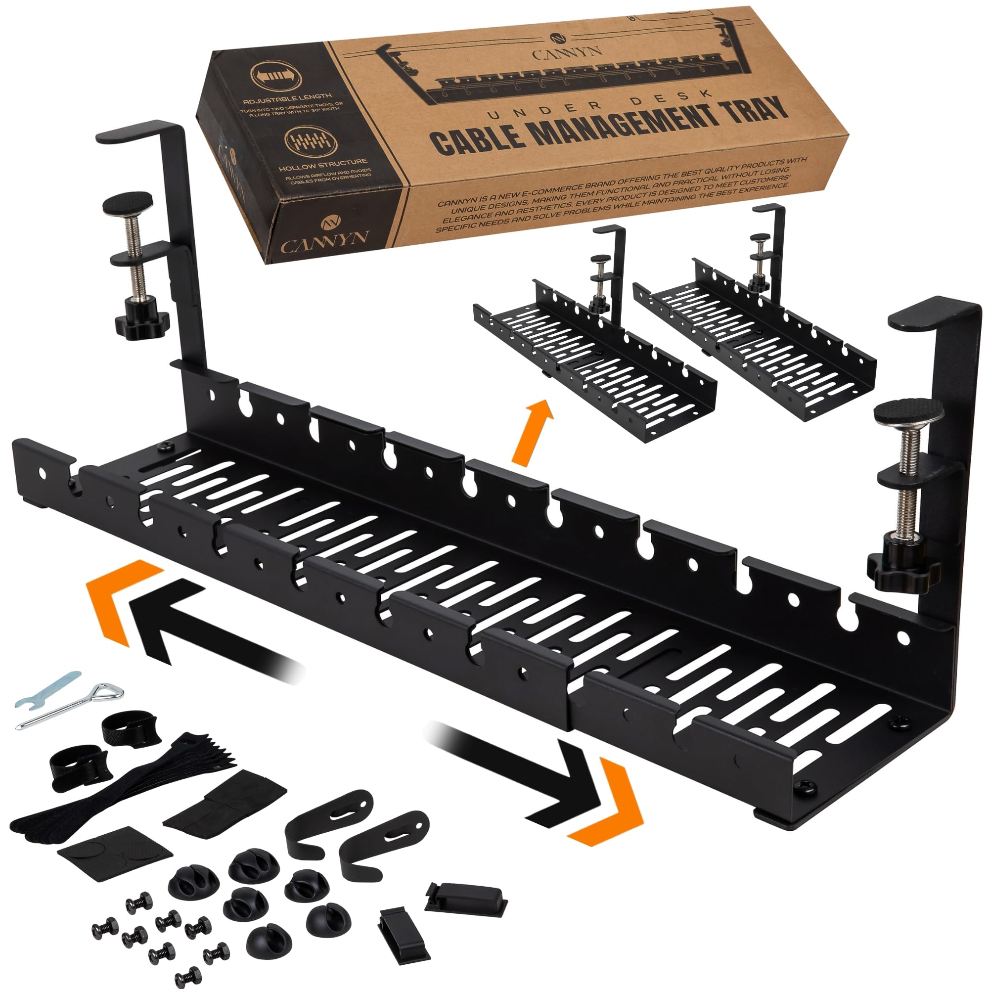 No Drill Under Desk Cable Management Tray - Extendable 16