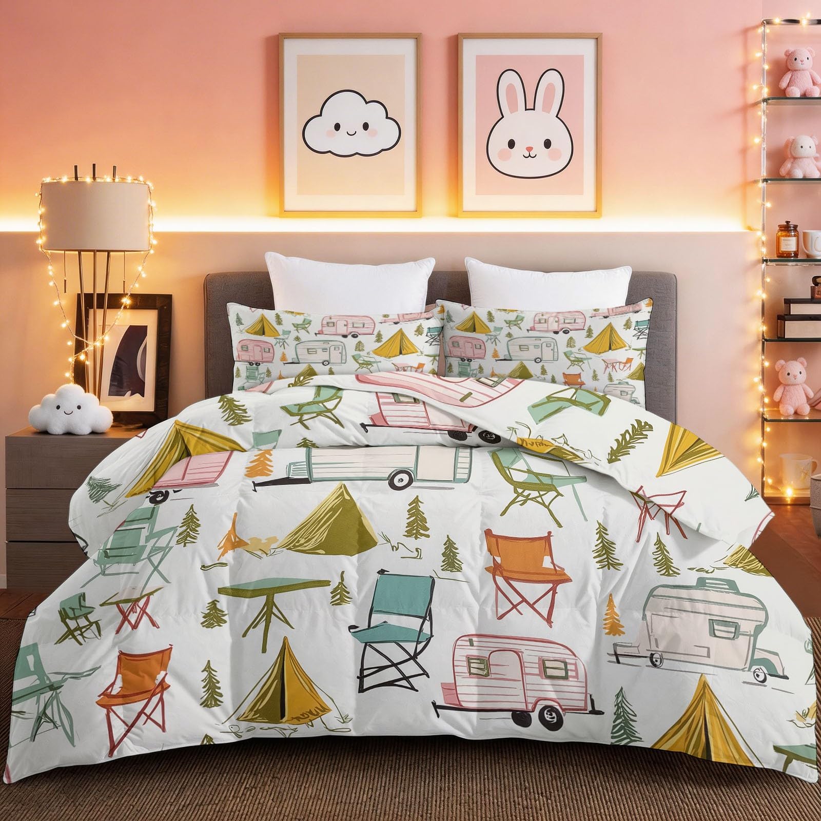 Mehrfarbig Bettdecke 4 Jahreszeiten, Bedruckt Bettdecken Niedlich Exquisit Wohnmobil Bettdecke ohne Bezug Warme & Weiche Waschbar Ganzjahresdecke 135 x 200 cm mit 2 Kissenbezug 80x80