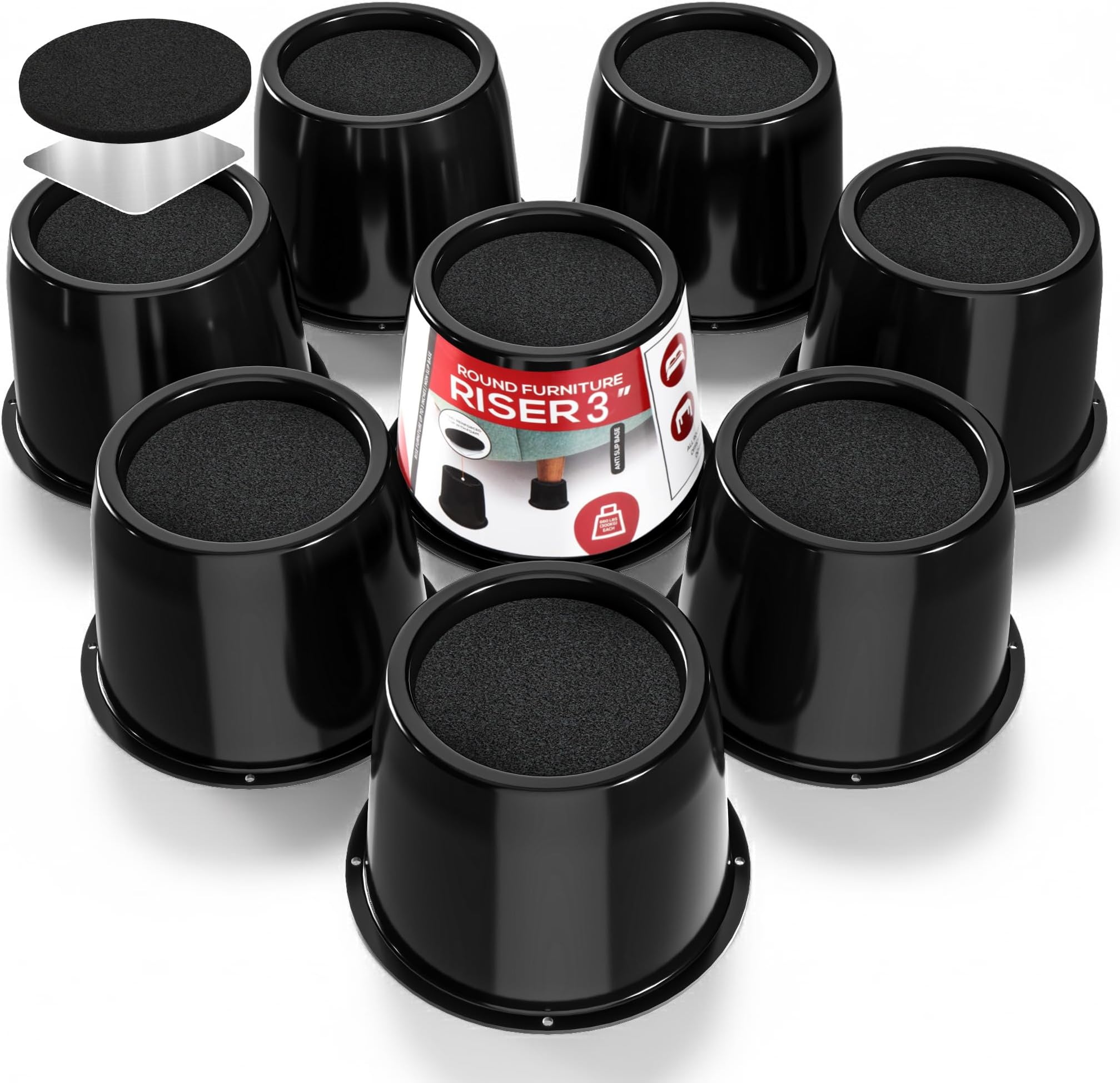 Utopia Bedding Bed Risers 3 Inch - 8 Pack - Round Furniture Risers with Top Anti-Slip Foam with Metal Plate & Bottom Rubber Pads - Bed Risers Heavy Duty for Sofa, Couch & Chair Lifts (Black)