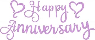 Pre-Strung Happy Anniversary Banner - Purple Glitter Wedding Anniversary Decorations & Decor, Photo Booth Props