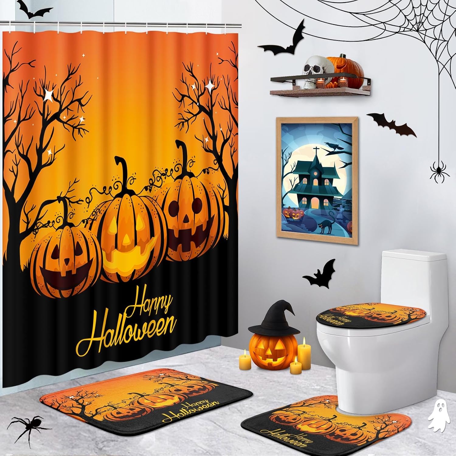 Arttown Halloween Bathroom Sets with Shower Curtain and Rugs Set of 4 Funny
