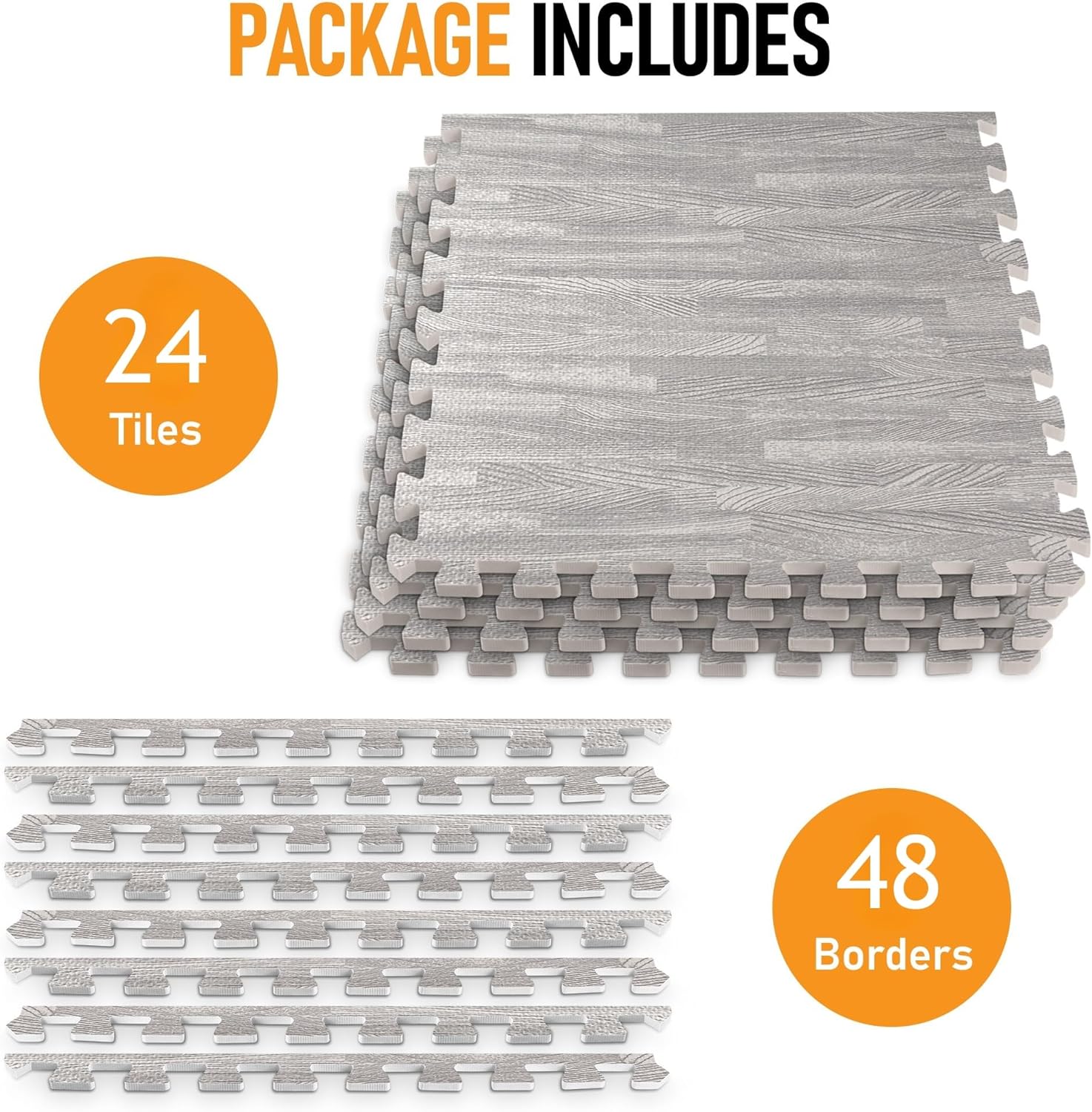 HomeCube USA 3/8 Inch Thick Interlocking Wood Grain Foam Floor Tiles for Home, Office, Workout Equipment Space, Commercial Areas, Anti-Fatigue Flooring Padding 24x24 in, Grey, 96 SQ Ft -24 Tiles