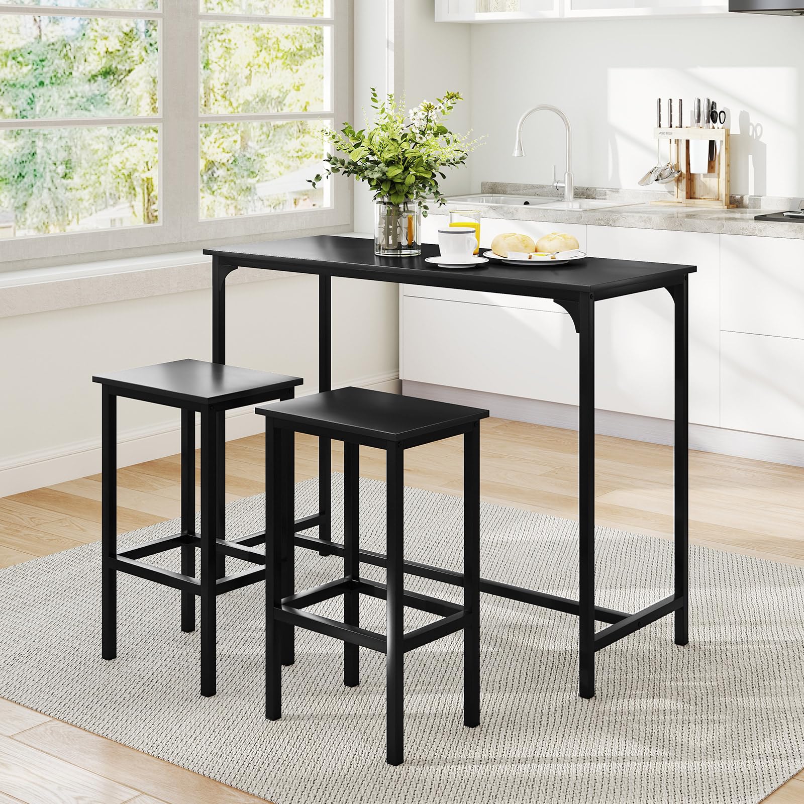 RELAX4LIFE Bartisch mit Barhocker-Set, Esstisch mit 2 Stühlen, Stehtisch mit Metallrahmen, Küchentresen mit Fußstütze, Küchentisch und Küchenstühle im Industrie-Design, Essgruppe für Küche (Schwarz)