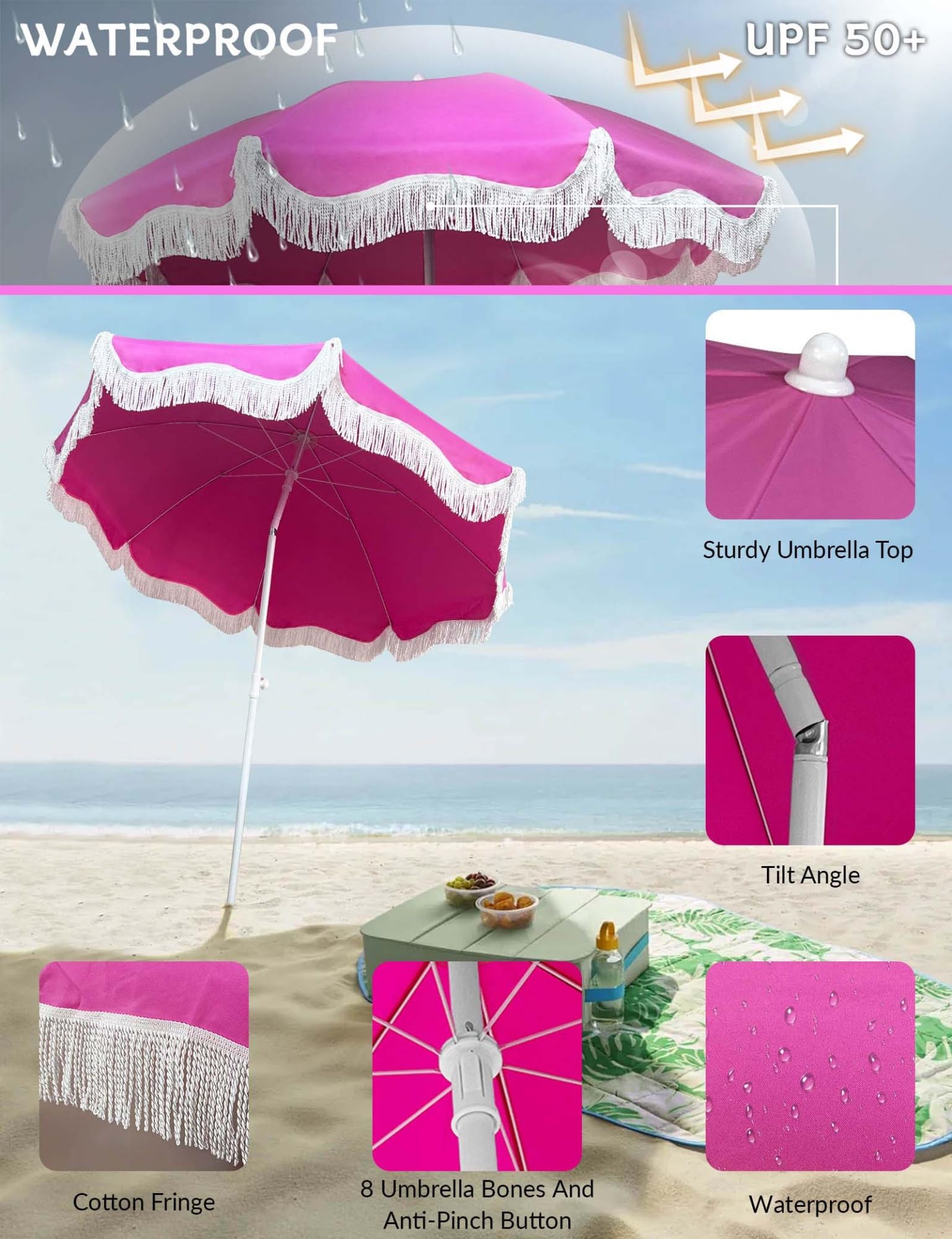 Ombrellone da spiaggia portatile Boho da 1,8 m, antivento, rosa, inclinabile, parasole da patio con 8 stecche e palo in ferro, leggero per esterni, piante