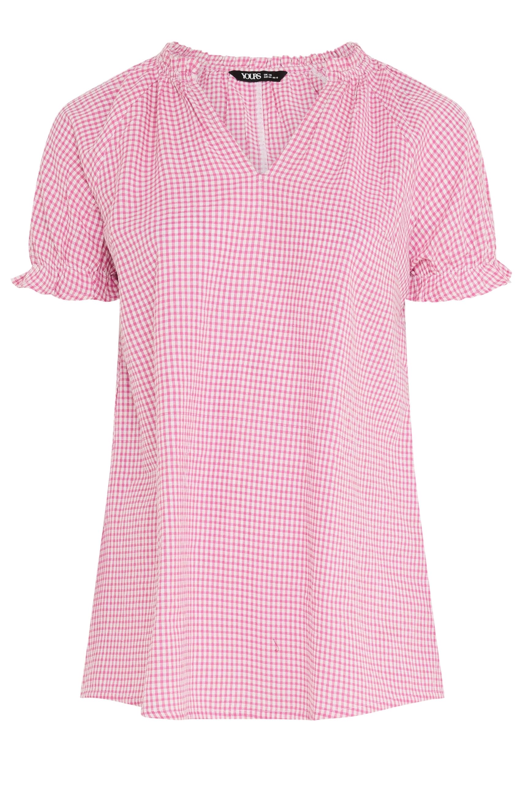 Yours Women's Pink Gingham Puff Sleeve Blouse In | Size: 22-24