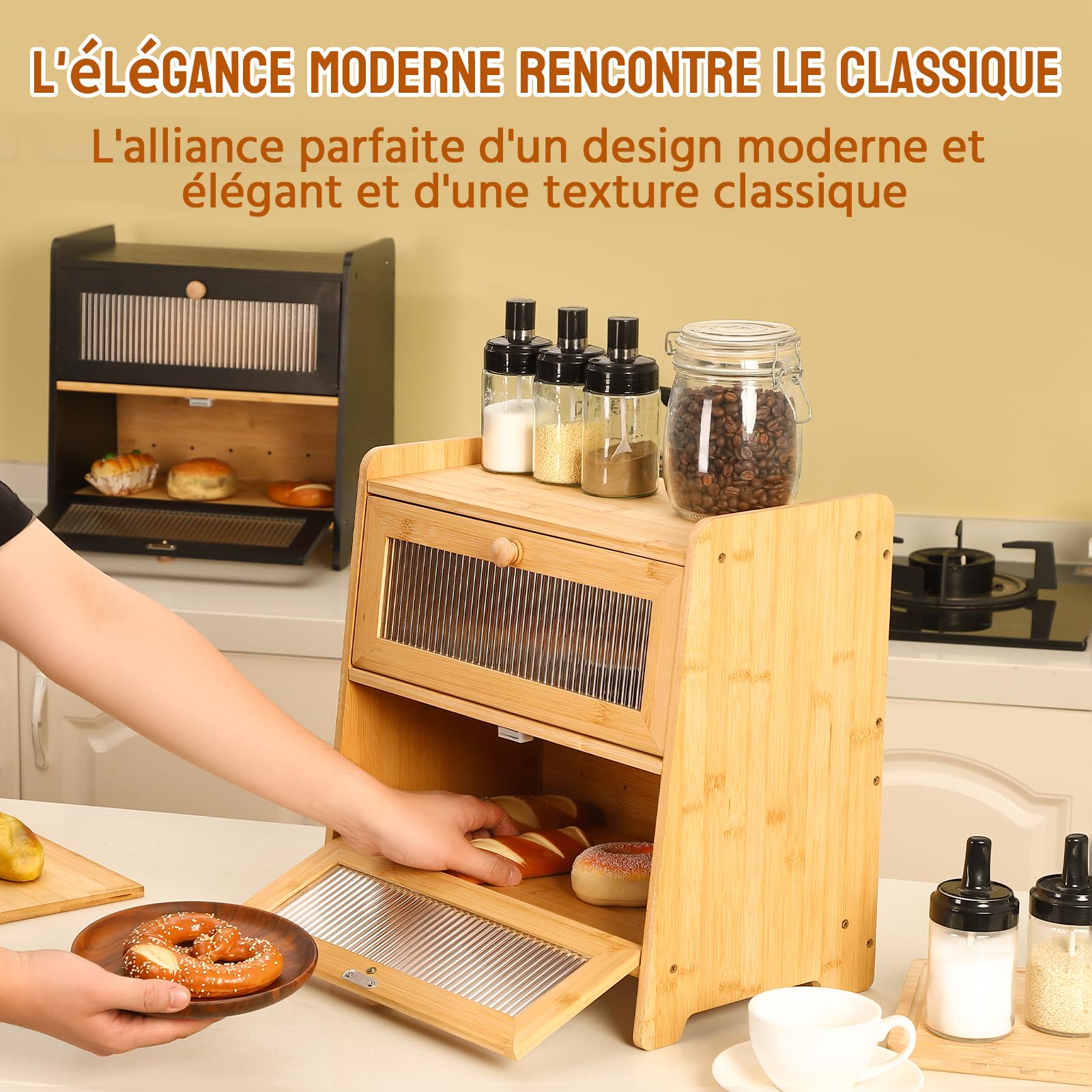 HAUSPROFI Boîte à pain en bambou à 2 étages - Avec planche à découper - Fenêtre visible ondulée - Élégante boîte à pain pour le stockage du pain - 40 x 25 x 40 cm