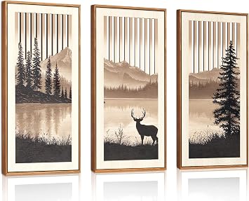 HPNIUB 3PCS Silhouette Deer Lake Wall Art Rustic Mountain Decor 20x40CM