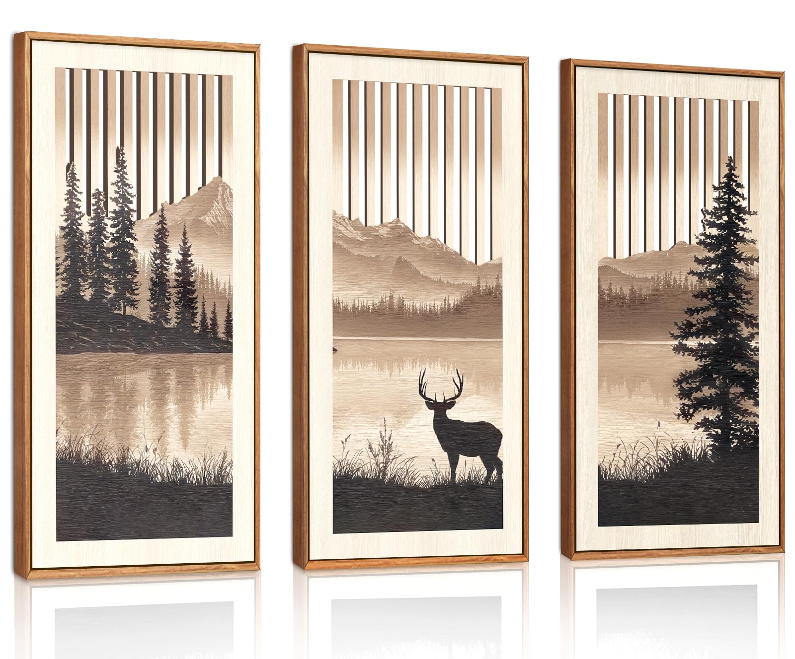 HPNIUB 3PCS Silhouette Deer Lake Wall Art Rustic Mountain Decor 20x40CM