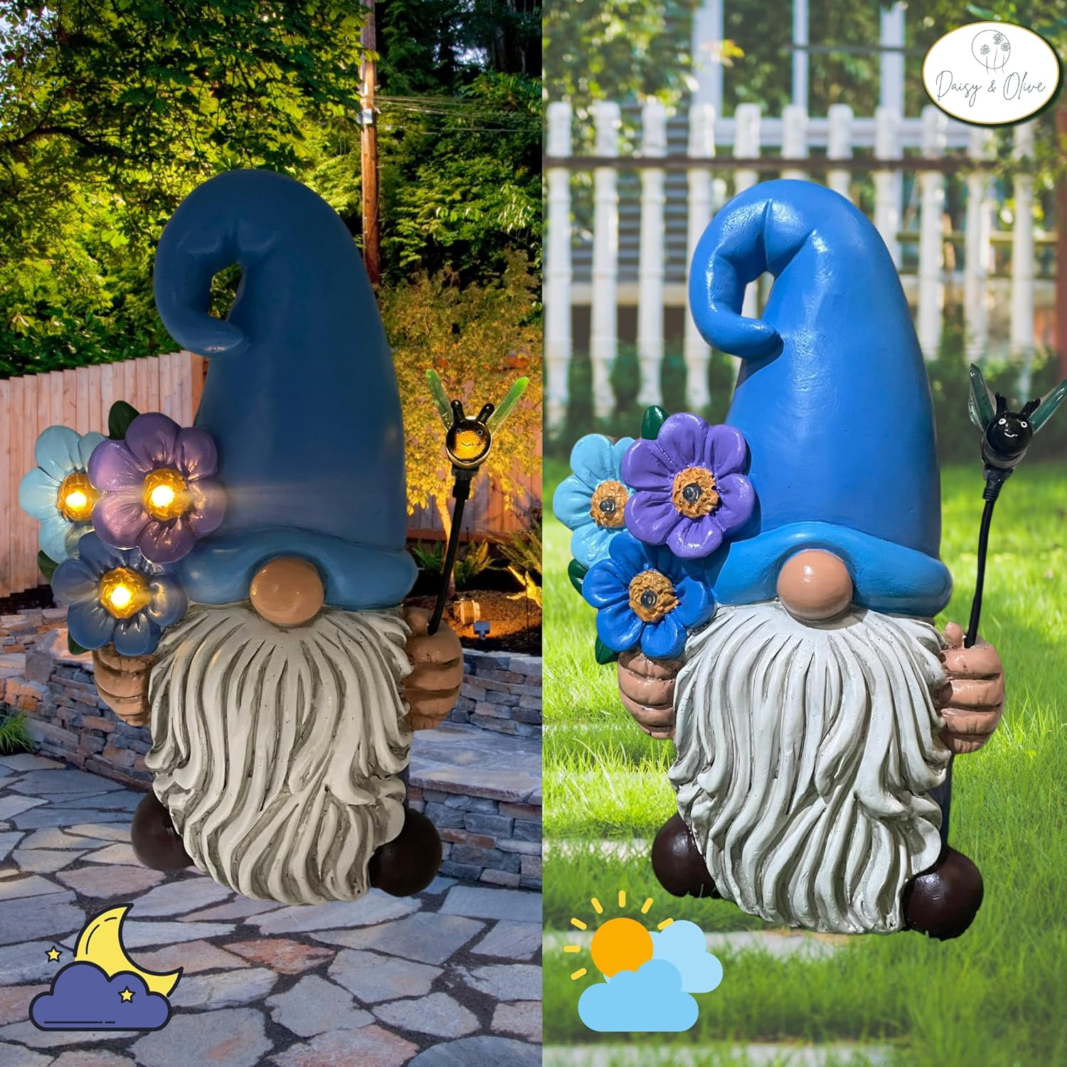 Daisy & Olive Garden Gnome | Large Solar Powered Garden Gnome Statue | Flower & Bee Lights Up | Auto On-Off | Garden Gnome for Yard | Unique Housewarming Gifts