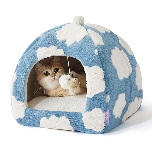 Lesure Cute Cat Beds for Indoor Cats - 2 in 1 Cat Cave Bed for Kittens and Small Pets with Removable Washable Cushioned Pillow, Cozy Kitten Tent with Non-Slip Bottom, Blue, 16 inches - 16"L x 16"W x 16"Th - Cozy Clouds Blue