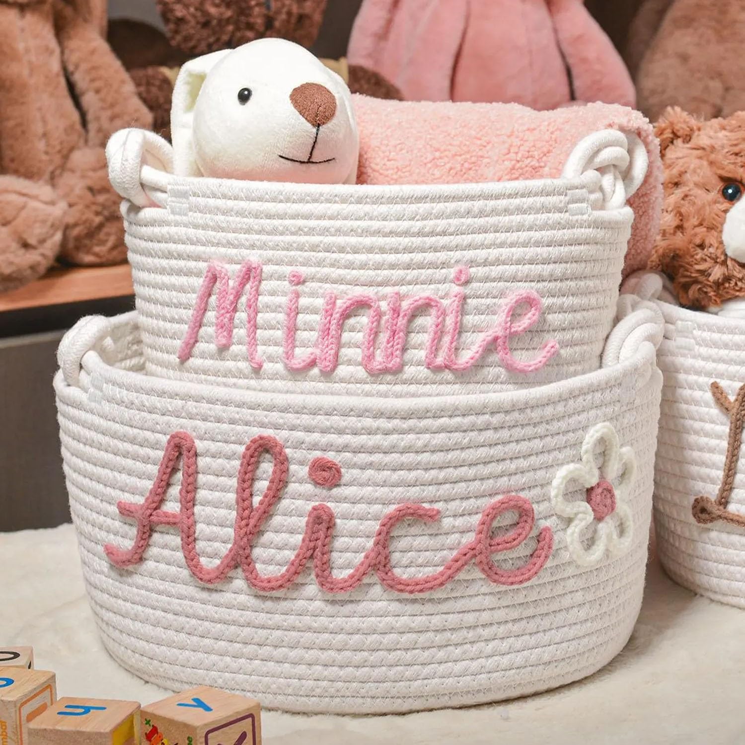 Panier Personnalisé Pour Bébé Avec Prénom, Paniers Tissés À La Main En Coton, Organiseur De Jouets Personnalisé Pour Nouveau-né Fille Ou Garçon, Décoration Pour Chambre D'enfant(M:35X13X19CM)