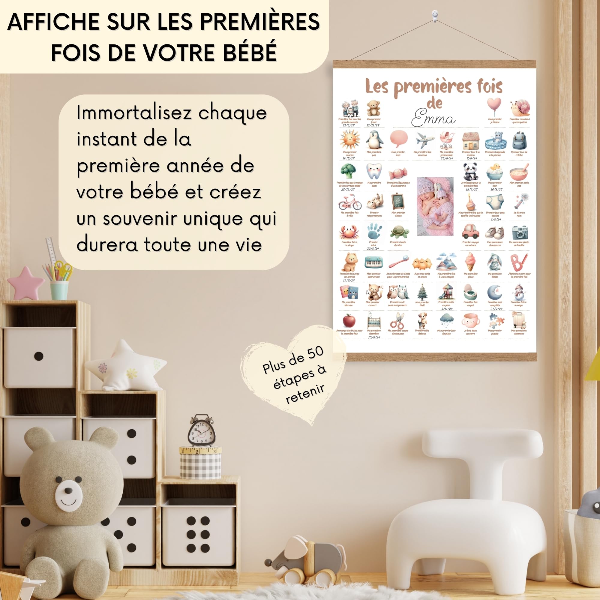 HuBorns - Poster Mis Primeras Veces para Recordar los Hitos Más Importantes de Tu Bebe, Perfecto como Regalo para Bebes Recien Nacidos, Incluye Listones de Madera para Colgar y Espacio para 1 Foto
