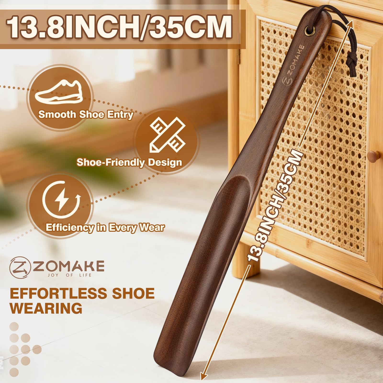 ZOMAKE Calzador de Zapatos Madera,Calzador de Madera Largo 35 cm,Calzadores Zapatos Mango Largo para Hombre Mujer Mayores Niños Ancianos,Calzadores Zapatos Estable,Nogal Material