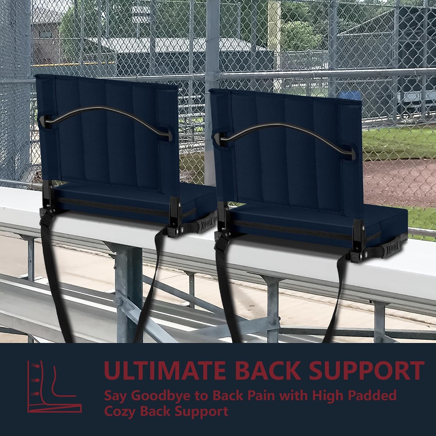 Stadium Seat for Bleachers with Back Support, Portable Bleacher Seat with Wide Comfy Padded Cushion, Metal Hook, Folding Stadium Chair with Shoulder Strap, Carry Handle, Cup Holder, Navy Blue thumbnail