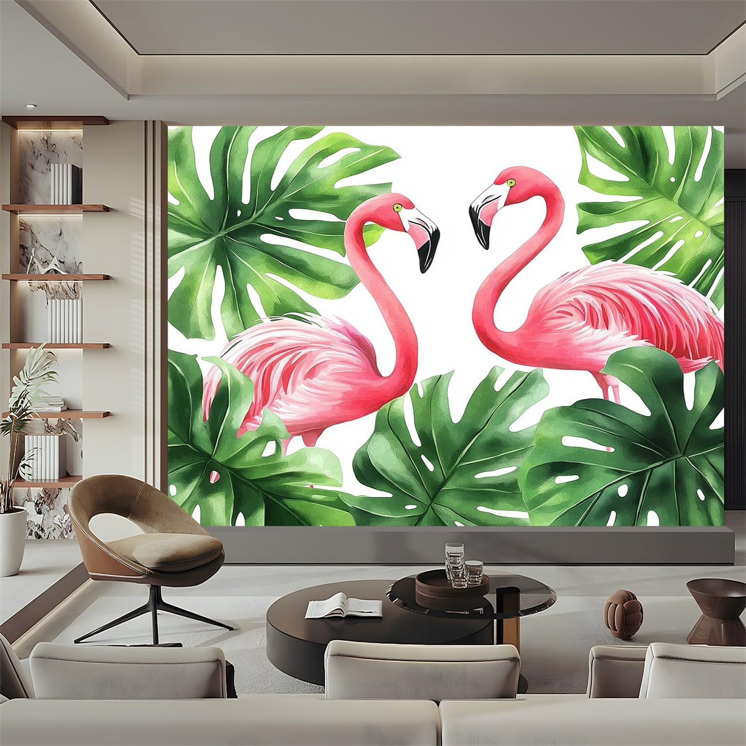 Fototapeta czerwona zielona fototapeta mural 300 x 210 cm różowe flamingi monstera liście palmowe sztuka zdjęcie mural dekoracja do salonu, sypialni, biura i pokoju dziecięcego, łatwy w instalacji