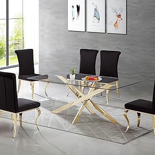 Luxury Gold Glass Dining Table for 4 Modern 51" Rectangular Kitchen & Dining Room Table with X-Shape Stainless Steel Base Large Clear Glass Top Dining Table for Home Office