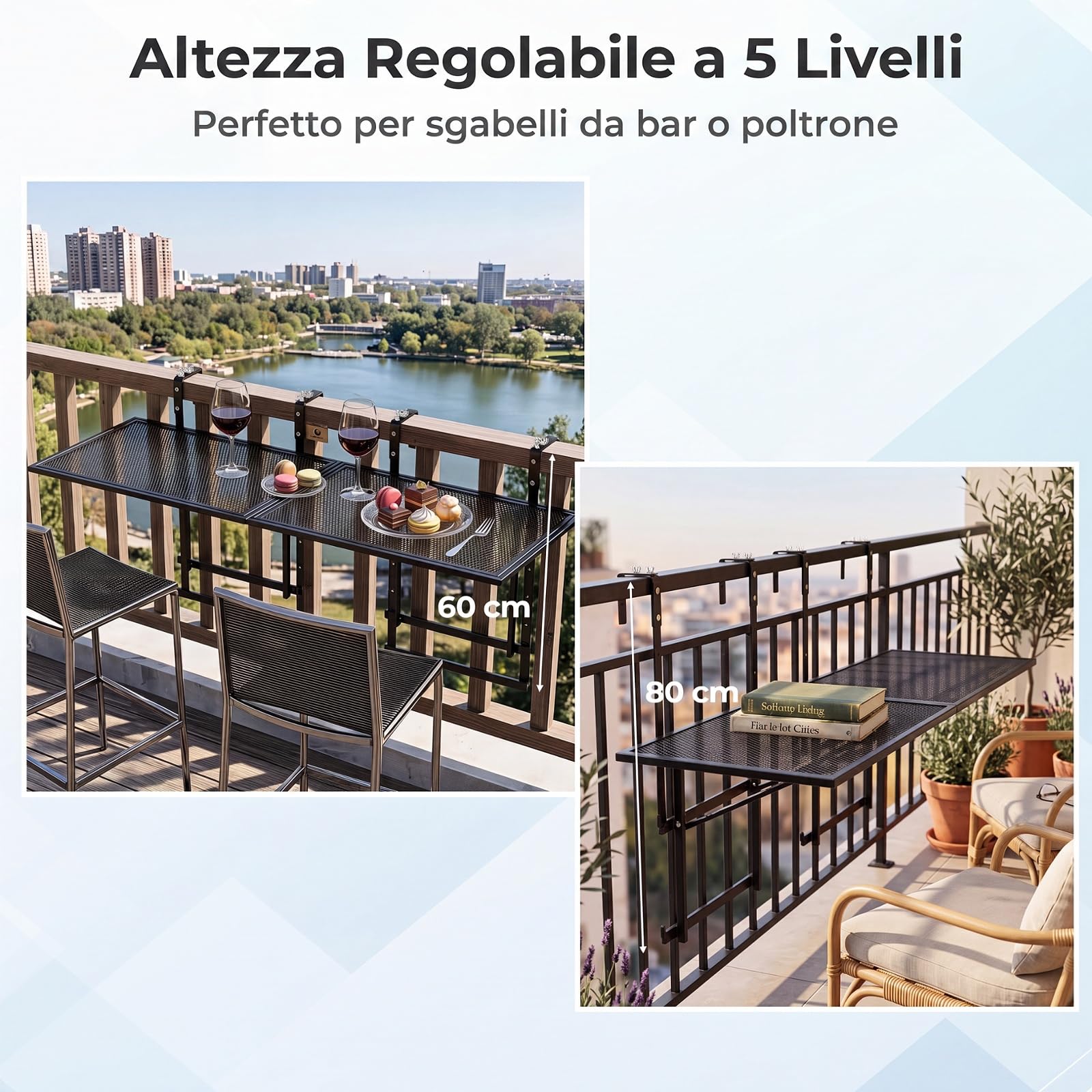 COSTWAY Set di 2 Tavolini Pieghevole da Balcone, 121 x 41 x 60-80 cm | Tavolino da Appendere per Ringhiera con Piano d'Appoggio Ampio, 5 Posizioni Altezza Regolabili, Tavolo Richiudibile