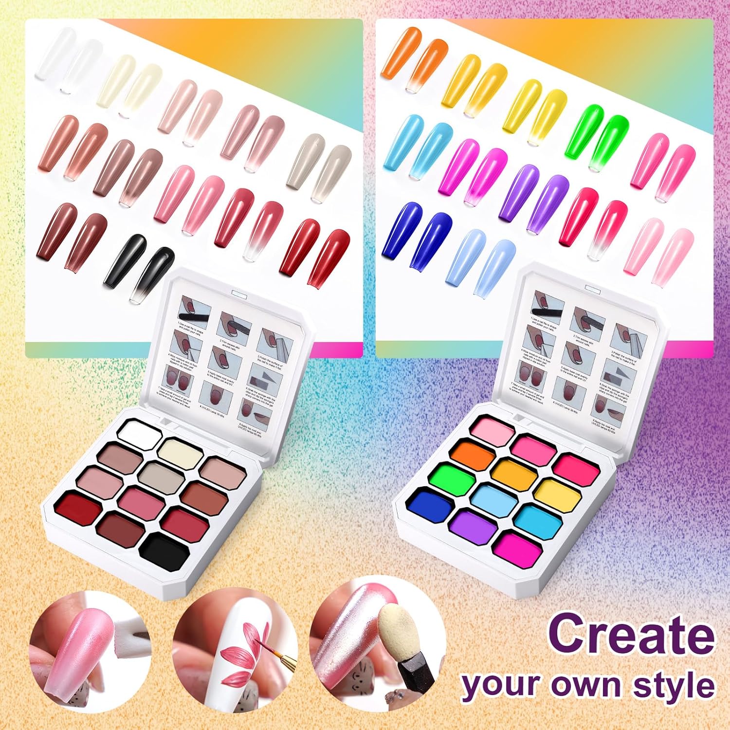 Gradient Painting Gel Set, 24 Bright Pink Blue Colors Ombre Gel Nail Polish for Pigment Pat Nail Gel Kit, Silky Texture, French Manicure DIY Nail Art, No-wipe Soak of UV