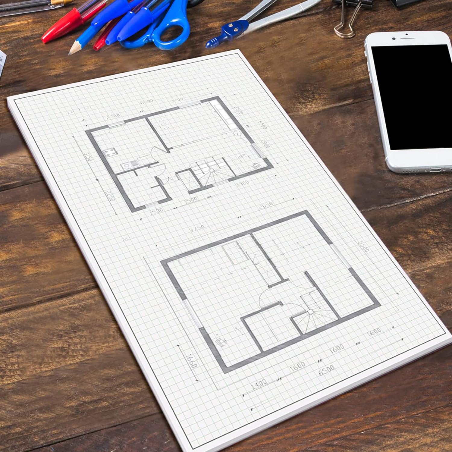 Performore 2 Pack of Grid Paper Pads, 50 Sheets per Pad 11" x 17" Graph Paper Glue Top Binding Double Sided 4x4 Quadrille White Paper for Engineering Or Technical Drawings, Blueprint, Drafting