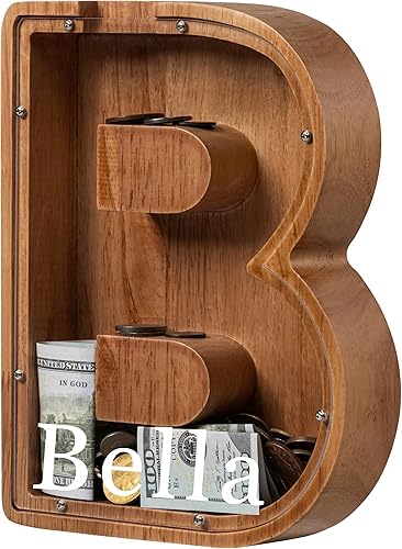 Vista 214 de Alcancía para niños y niñas, alcancía de madera con letra grande del alfabeto con inicial C, banco de monedas, regalos divertidos para cumpleaños