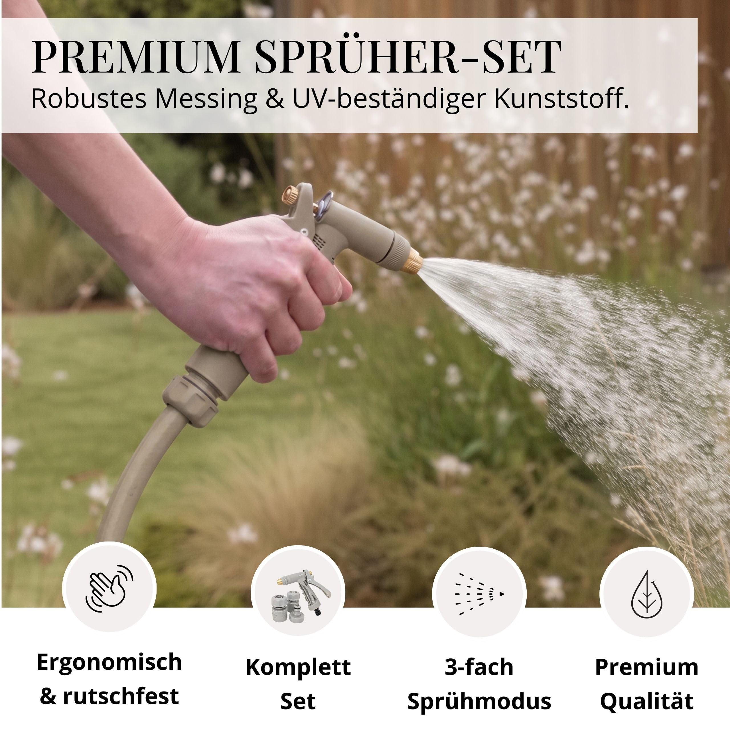 LIVLIG Premium Gartenspritze im Komplettset, Robuste Reinigungsspritze zum Reinigen und Bewässern, Gartenbrause und Schlauchanschluss 1/2 Zoll, Einhandbedienung und Dauerarretierung, Sand