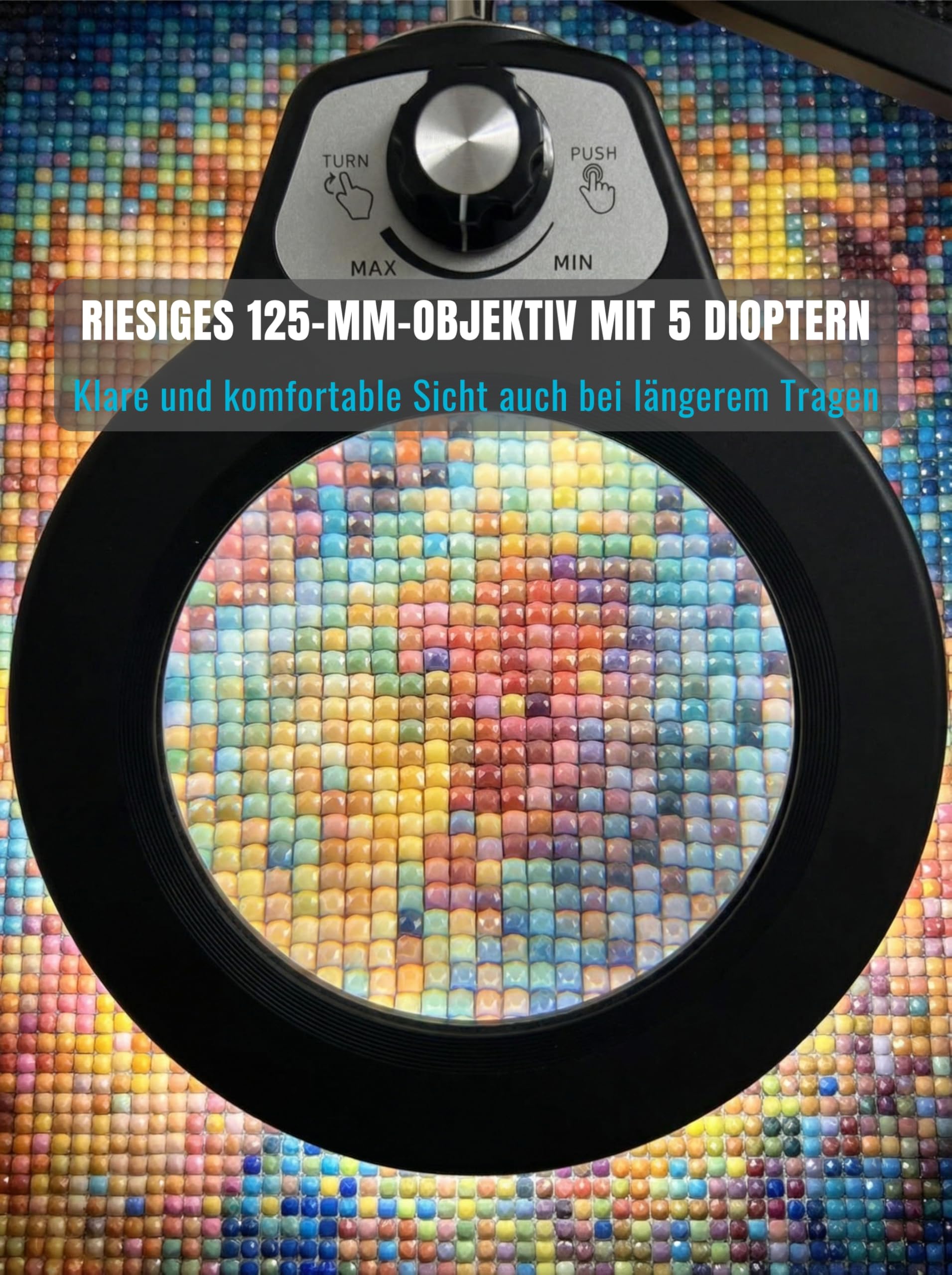 LED-Lupenleuchte Arbeitsplatzlampe Große 125-mm-Lupe | Optische Güteklasse 5 Dioptrien, Extra langer Schwenkarm bis 100 cm, 5 Lichtfarben & Dimmer, 6,4 cm Klemme, 12 V Netzteil