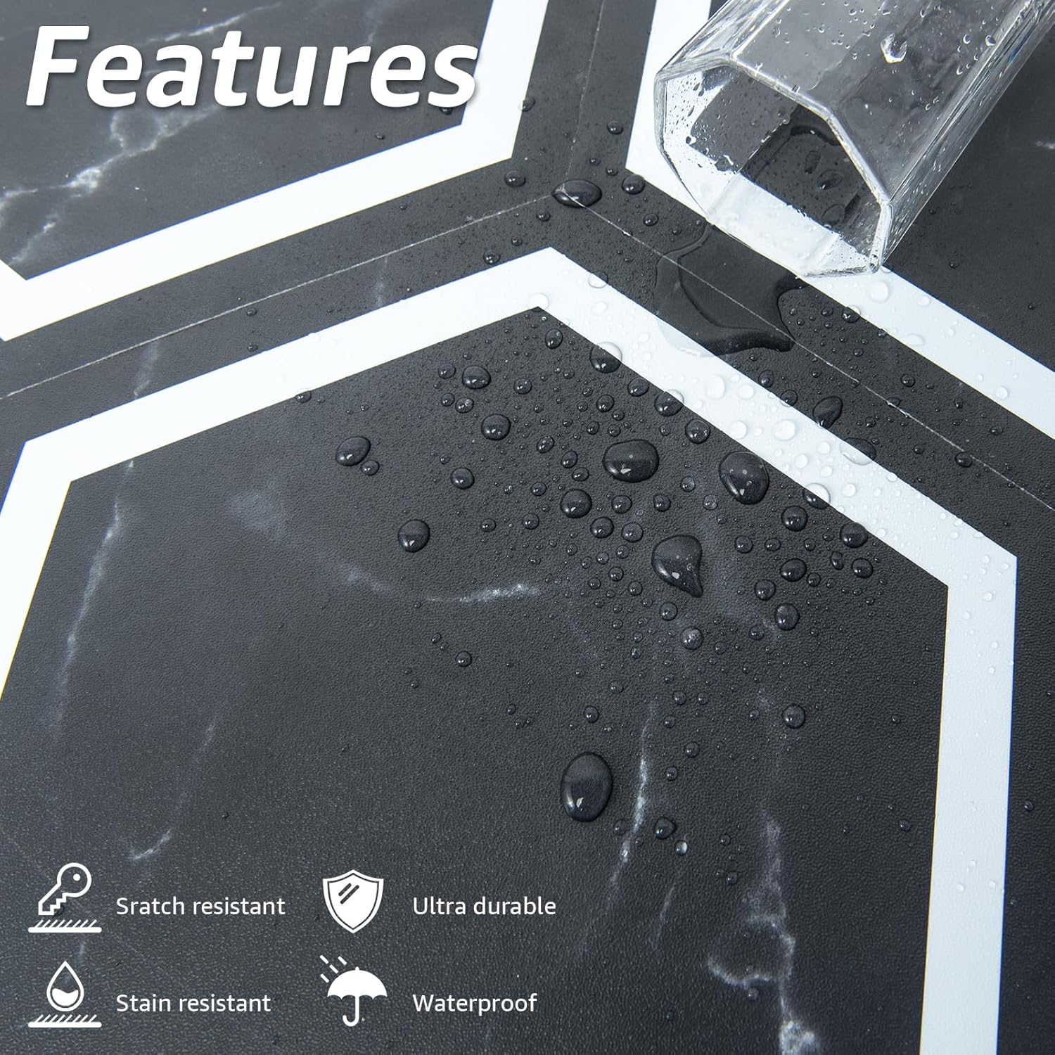 Black Marble Hexagon Peel and Stick Waterproof Vinyl Floor Tiles