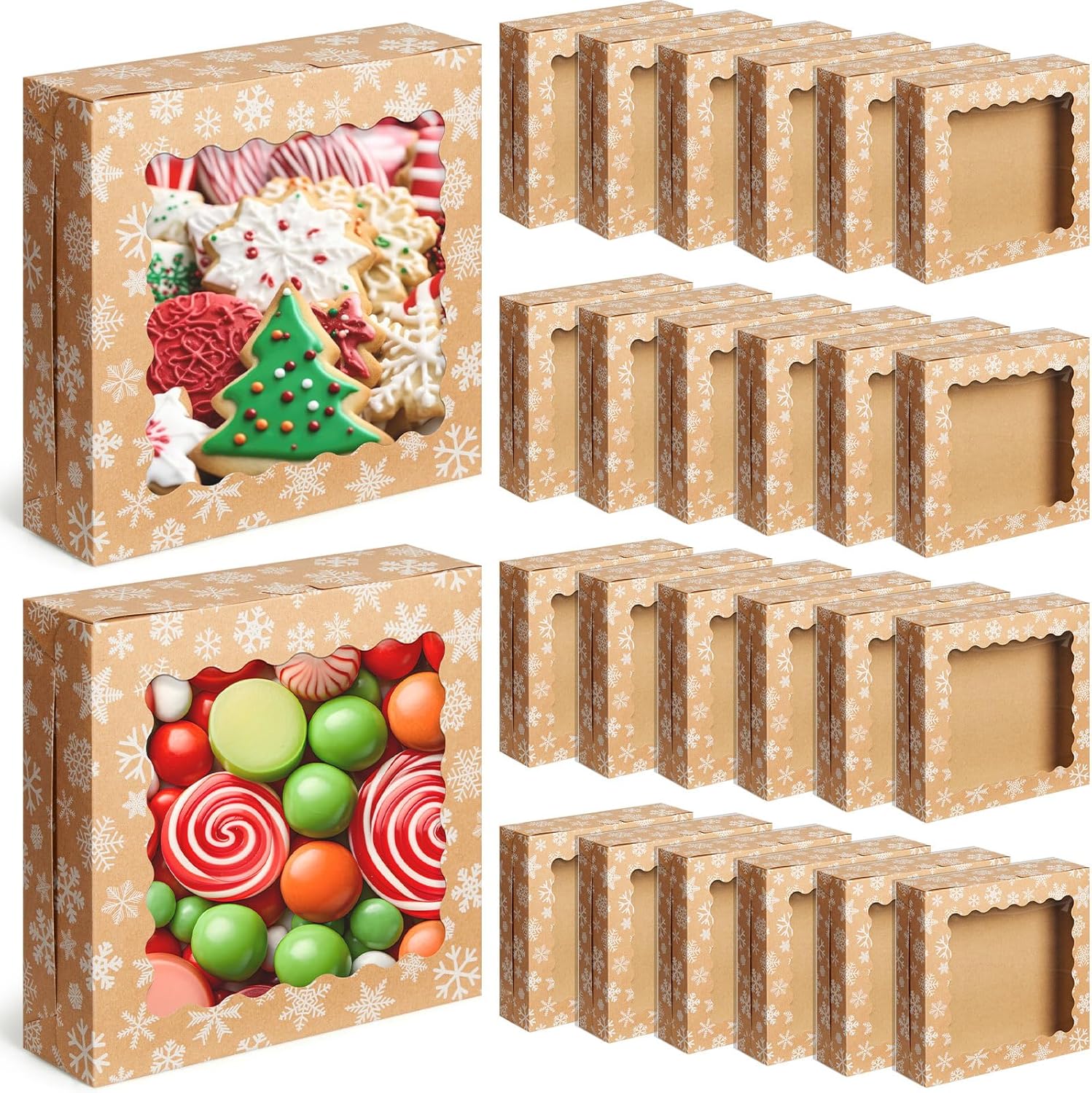 FoldTier 48 Pcs Kraft Christmas Cookie Boxes with Window Bulk 9 x 9 x 2.5 Inch Xmas Snowflake Bakery Gift Boxes for Christmas Party Favors Gift Giving