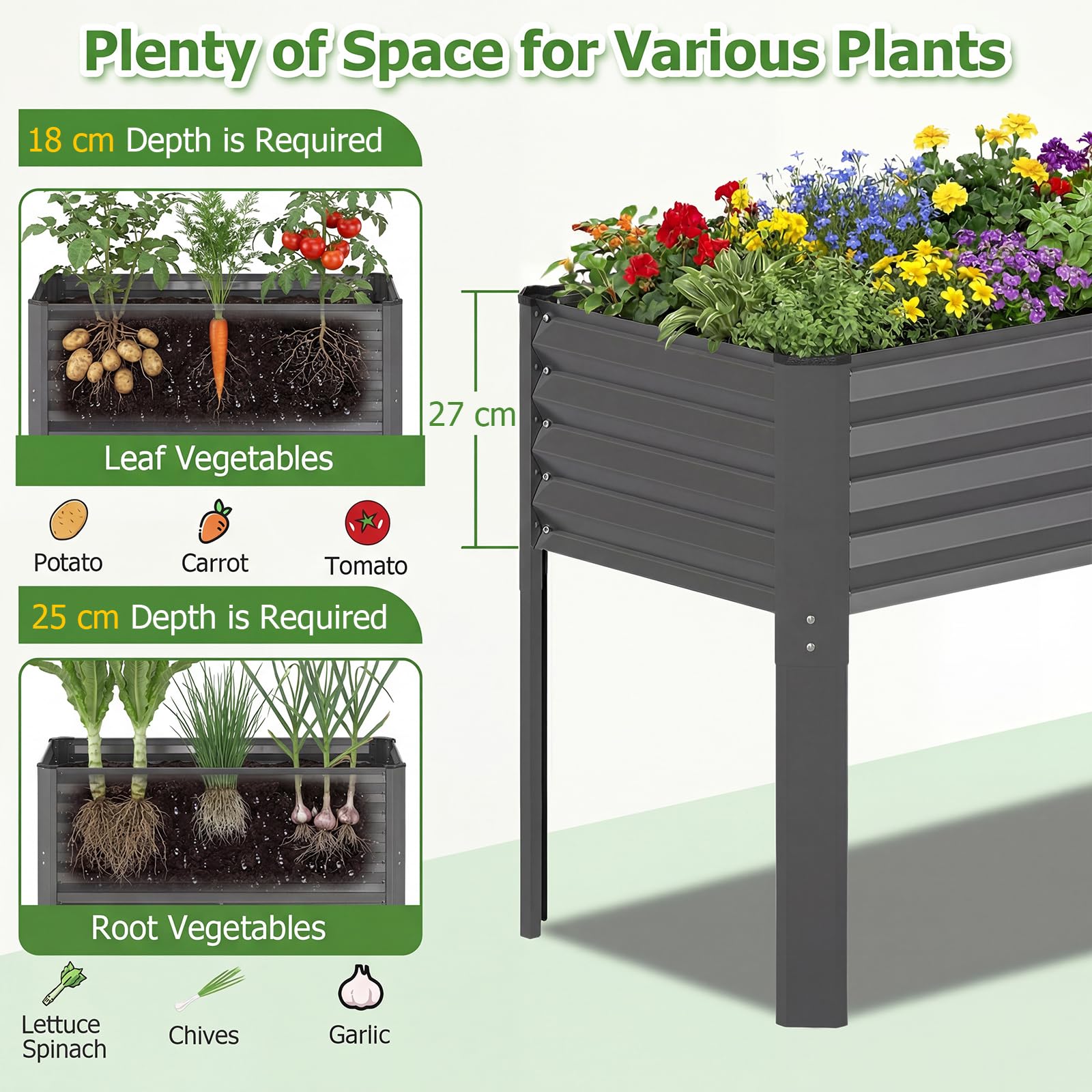 FANTASK Aiuola rialzata in metallo, 118 x 60 x 77,5 cm, con sistema di drenaggio fino a 50 kg, aiuola rialzata per verdure, frutta, fiori, erbe, aiuola rialzata per balcone, giardino, terrazza (grigio