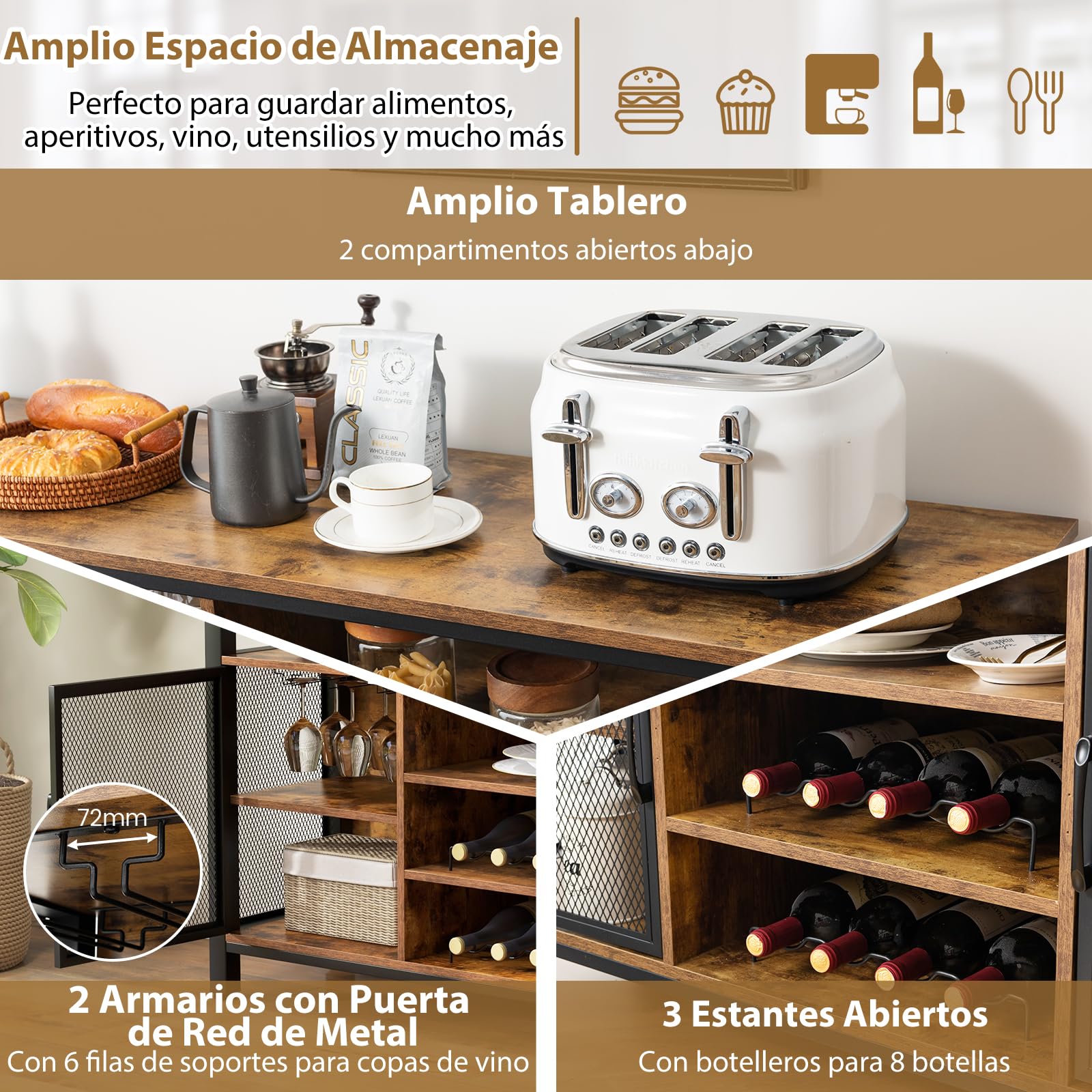 GOPLUS Mueble para Vinos, Estación de Café de 140 Cm con Estantes para 8 Botellas de Vino y Soportes para Copas, Aparador de Cocina con Almacenamiento para Comedor, Sala de Estar (Marrón)