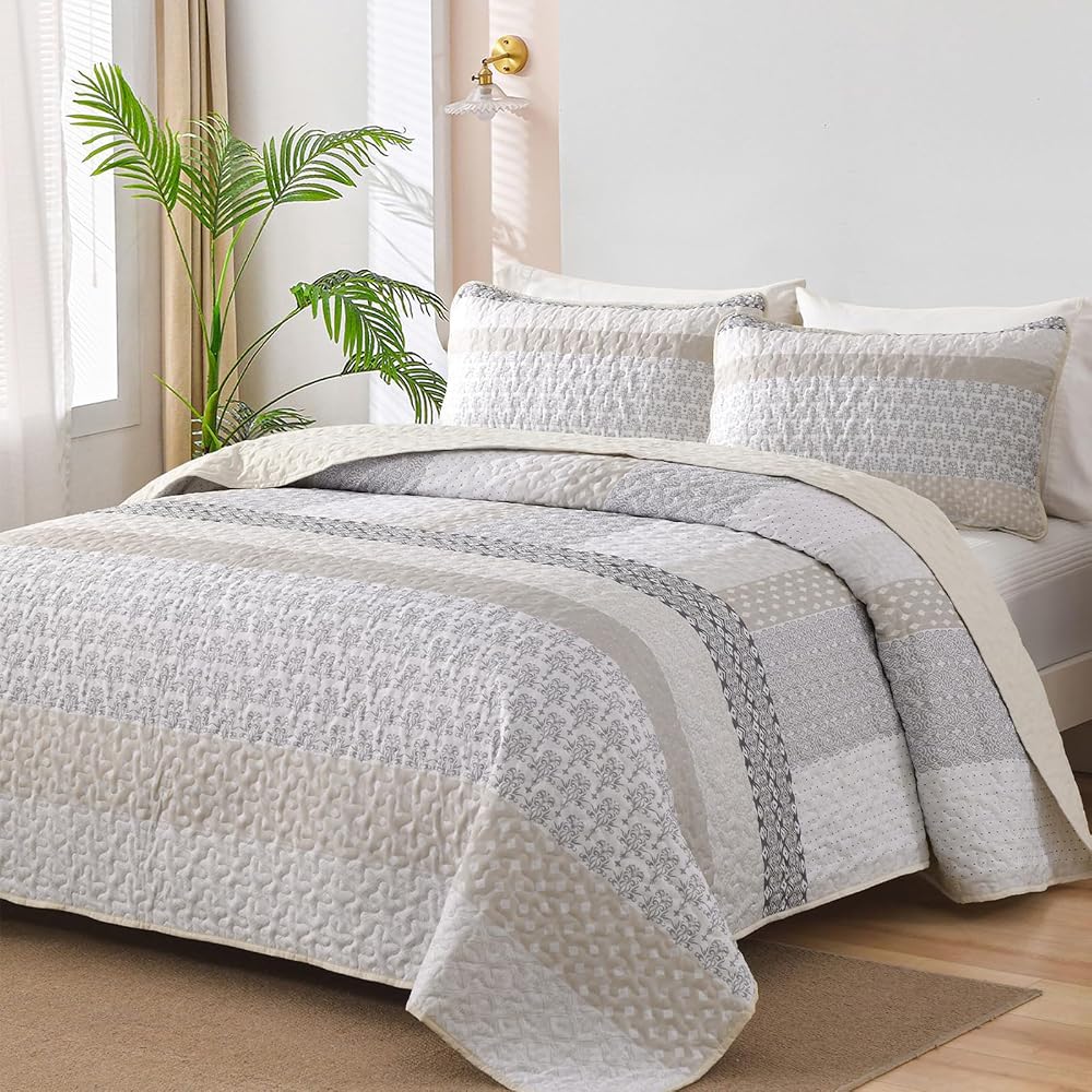 WONGS BEDDING Beige Quilt Queen Size, Boho Striped Bedspread