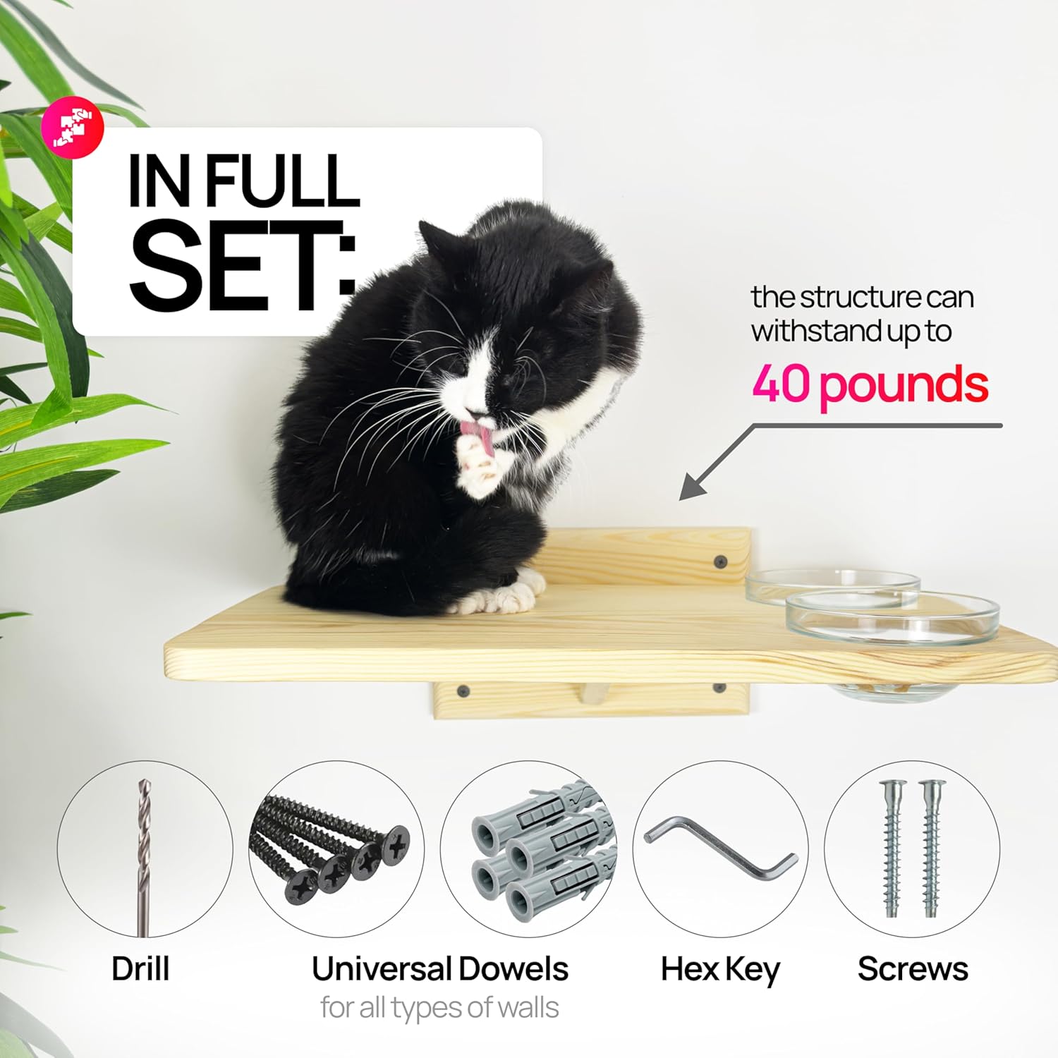 Feeder, Wall-Mounted Feeding Station, Wooden Shelves, Wall Cat Feeding Shelf for 2 Cat Food Bowls, Easy to Install, 19.2"x12" (Natural)