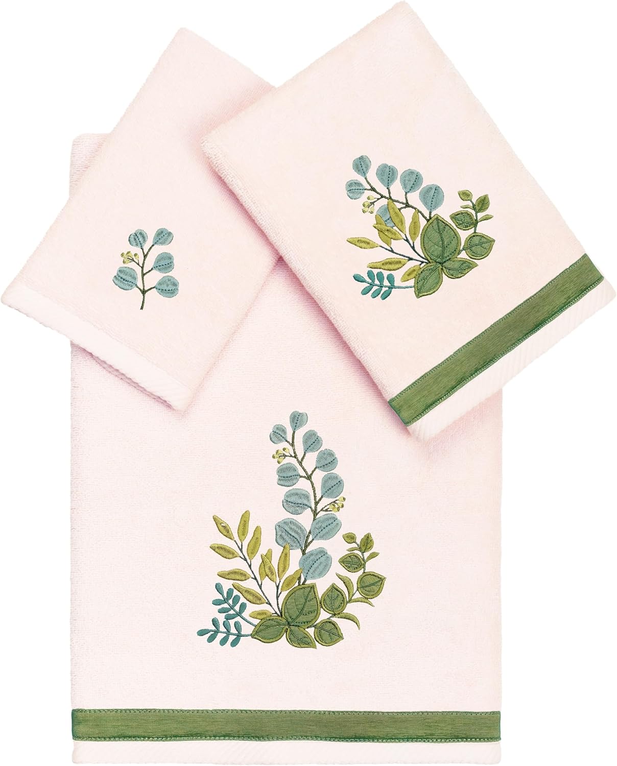 Verdant 3-Piece Mixed Towel Set, Vibrant Embroidered Design, Luxurious Turkish Cotton, Absorbent & Durable, 1 Bath 1 Hand 1 Fingertip Towel, Blush