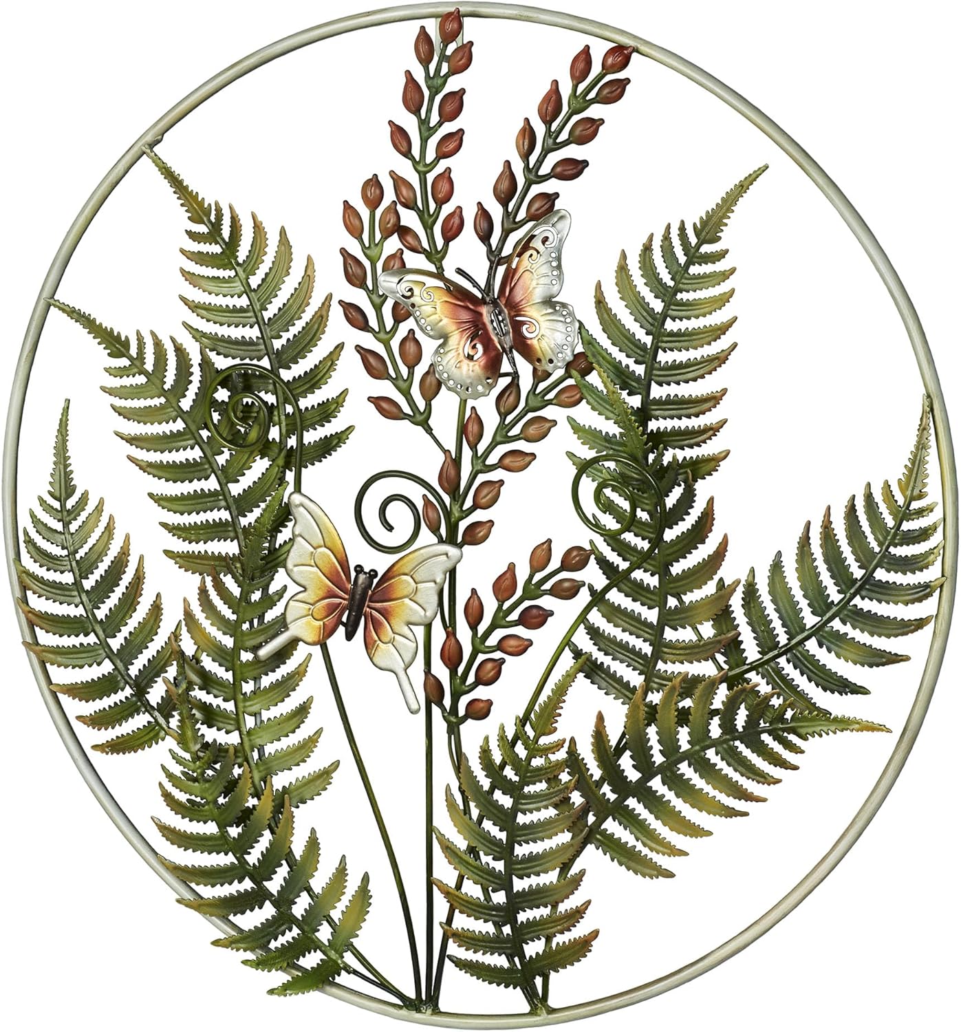 Fern Leaf Nature Metal Wall Sculpture | Handpainted Green, Brown, Ivory, and Gold Earth Tones | Dimensional Textured Botanical Fern Frond Round Wall Art | Textured Metallic Butterfly Circle Wall Decor