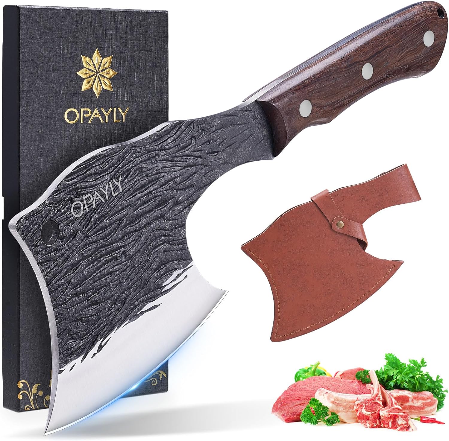 Heavy-Duty Bone Chopper Knife Hand Forged Meat Cutting with Cover Meat Bone Cleaver Knife High Carbon meat knife for Kitchen Outdoor Camping BBQ men gifts