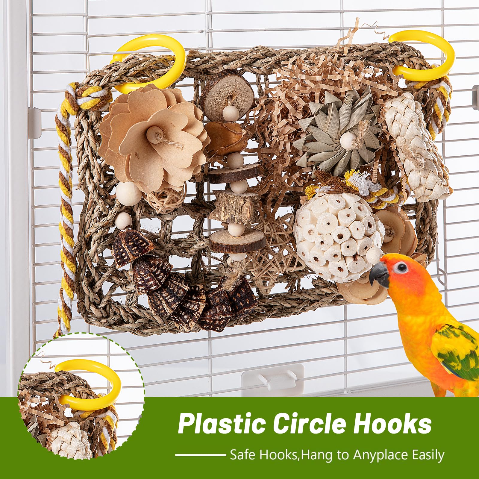 Bird Foraging Wall Toy, Seagrass Woven Climbing Hammock Mat with Chewing Toys,Parrot Shredding Hanging Toys for Cockatiel Lovebird Parakeet Budgie Small-Medium Birds (Large) - image 4