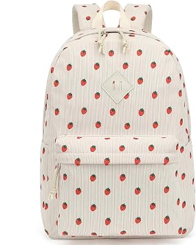 Corduroy Girls Backpack - Kids Elementary School Backpacks - Middle School Bookbags - Women Travel Daypacks Beige Corduroy Strawberry